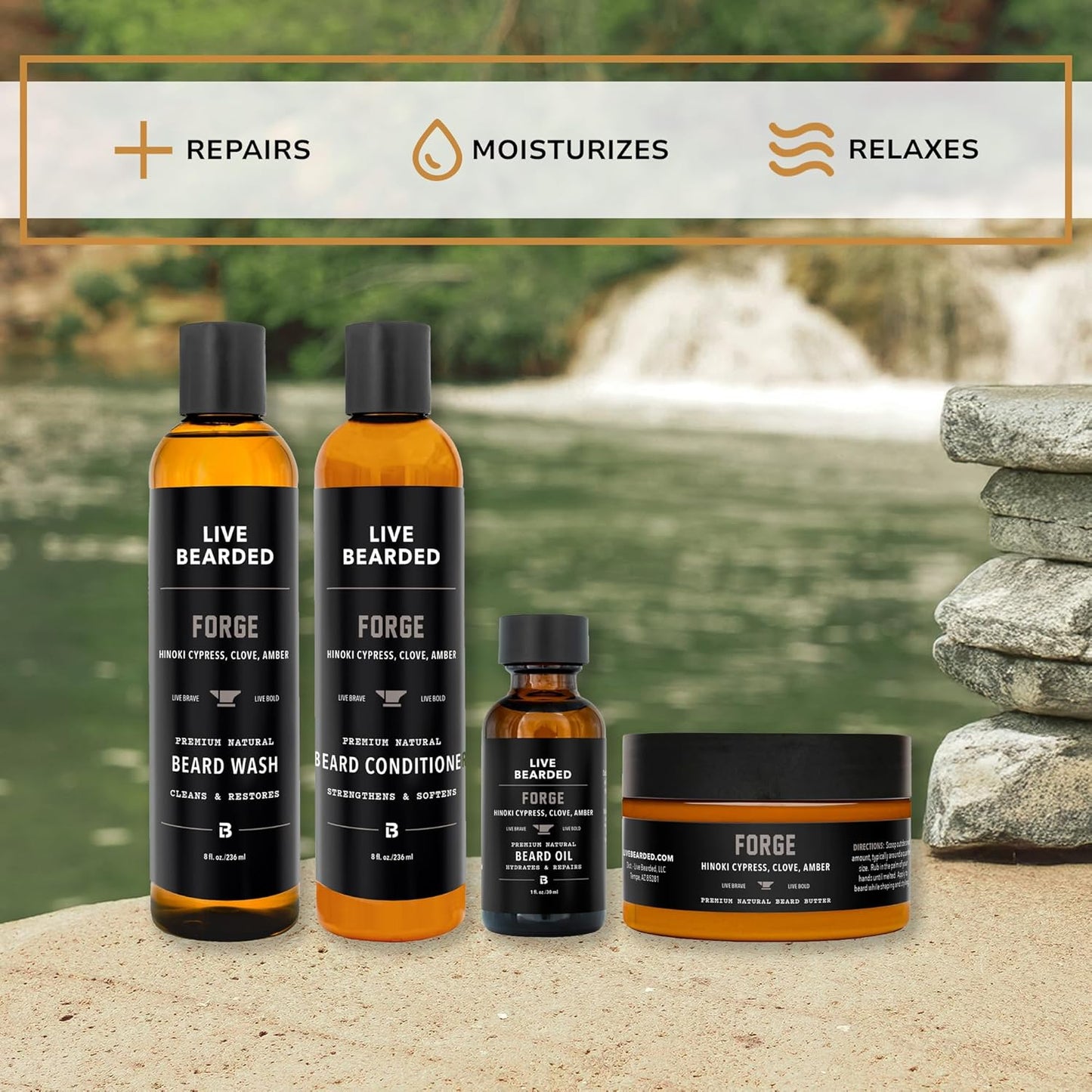 Live Bearded Complete Beard Grooming Kit, Made in the USA with All-Natural Ingredients - Beard Wash, Conditioner, Beard Butter & Beard Oil Kit - Forge Scent, Hinoki Cypress, Clove & Amber