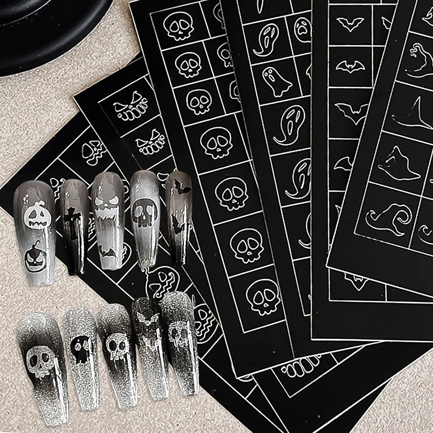Halloween Airbrush Stencils Nail Sticker, Skull Ghost Bat Nail Art Stickers Nail Stencils Decals, Holiday Design Hollow Nail Guides Decal for Women Decoration DIY Tools 6Pcs
