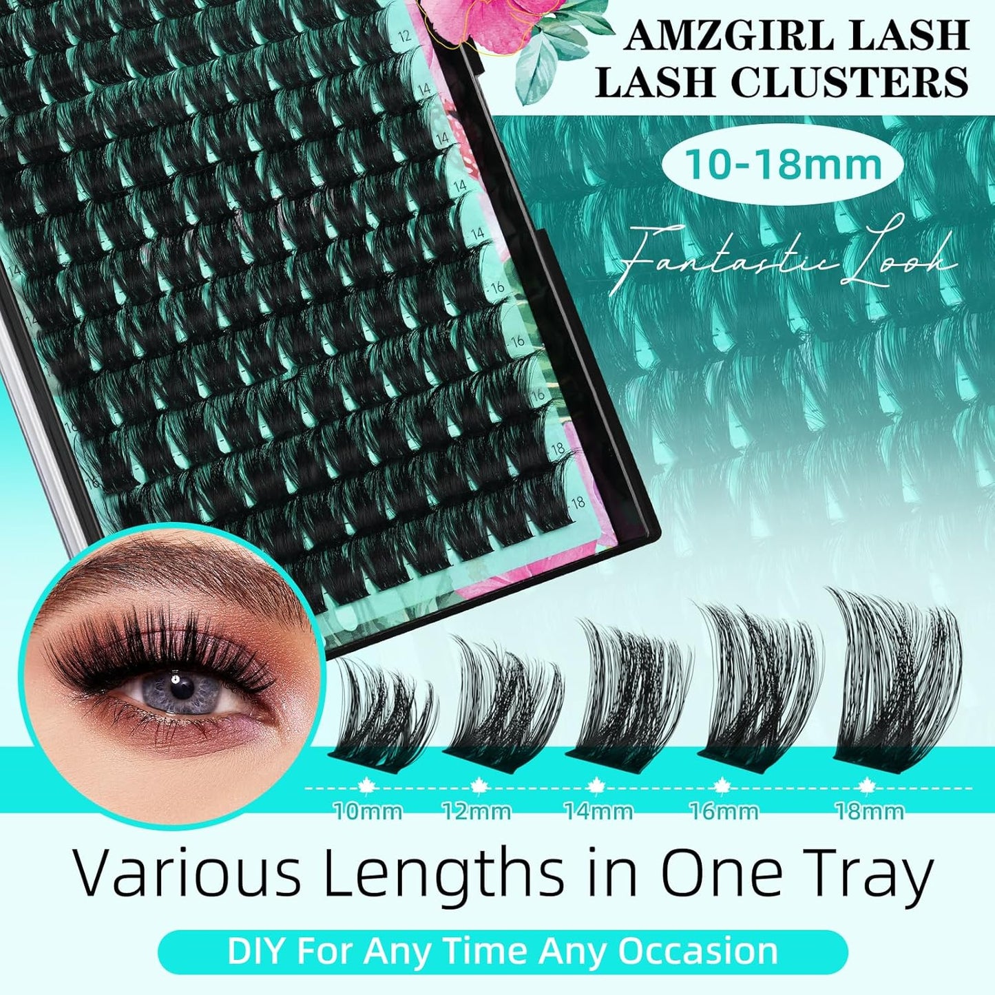 Lash Clusters Kit 140pcs Lash Extension Kit Cluster Lashes Fluffy Look with Lash Bond and Seal Waterproof, Lash Tweezer with Wet Look Ultra-Thin Band Lashes(Sunflower,D-10-18mm)