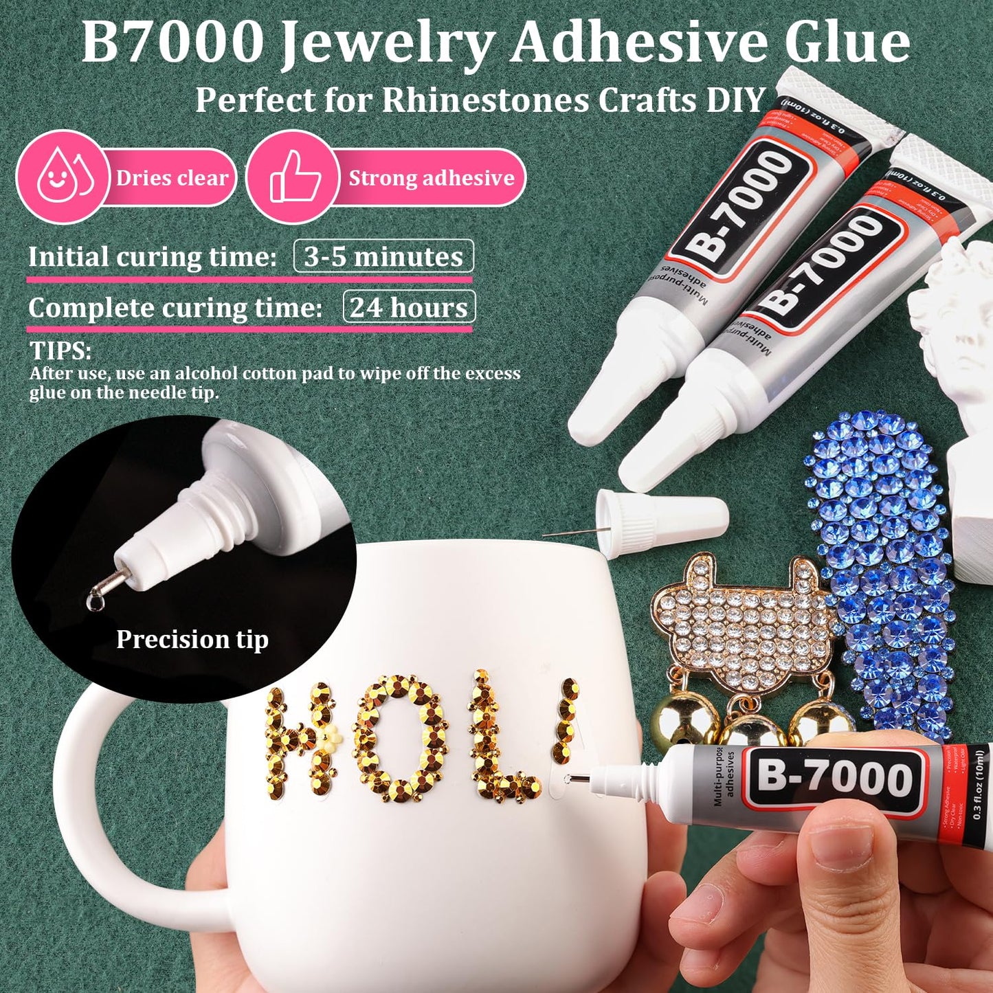 Resin Rhinestones for Crafting with B7000 Jewelry Glue, 1 Box Gold Flatback Crystals with 3Pcs 10ml Glue for Bedazzling Crafts DIY Nail Art Makeup，Non Hotfix Gems for Clothing Shoes