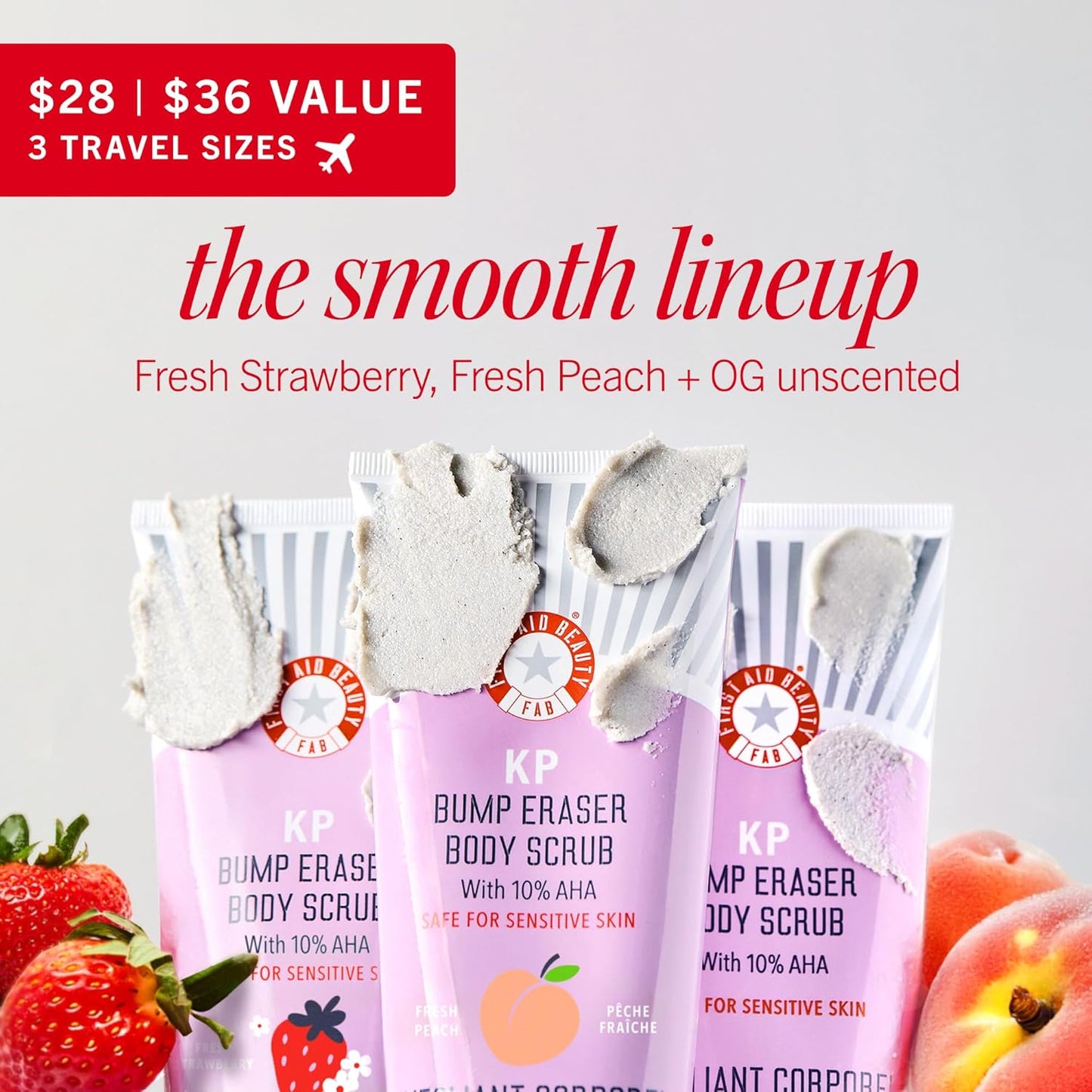 First Aid Beauty Smooth + Juicy Body Scrub Kit: KP Bump Eraser Body Scrub with 10% AHA, Daily Exfoliation Keratosis Pilaris Set to Help Reduce Chicken Skin Bumps; Strawberry, Peach, & Original (2 oz)