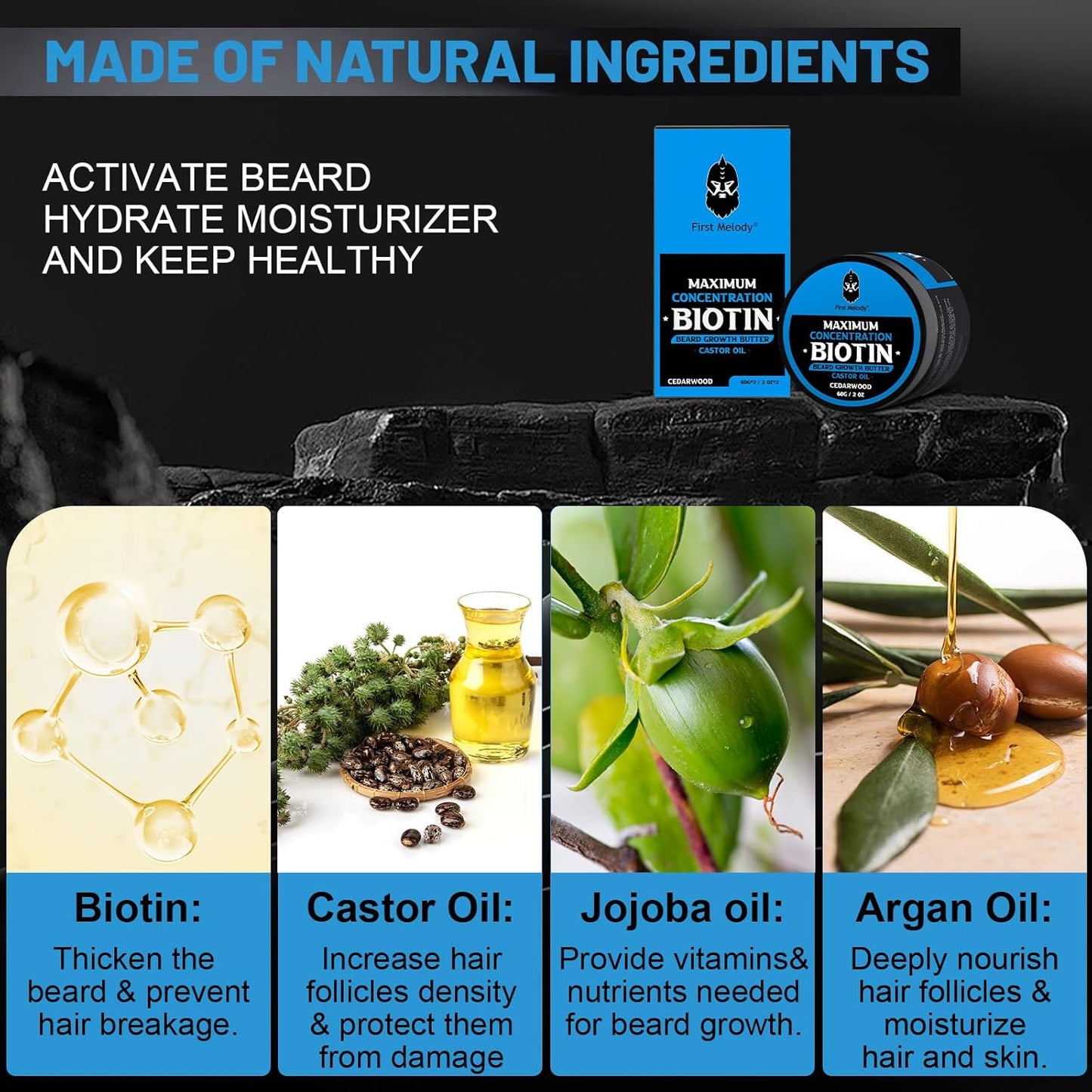 Beard Butter,Maximum Concentration Biotin,with Castor Oil and Argan & Jojoba Oils, Promotes Beard Growth, Styles, Strengthens & Softens Beards ,Unruly Beards While Relieving Itch,2 Ounce*2(2 Pack)