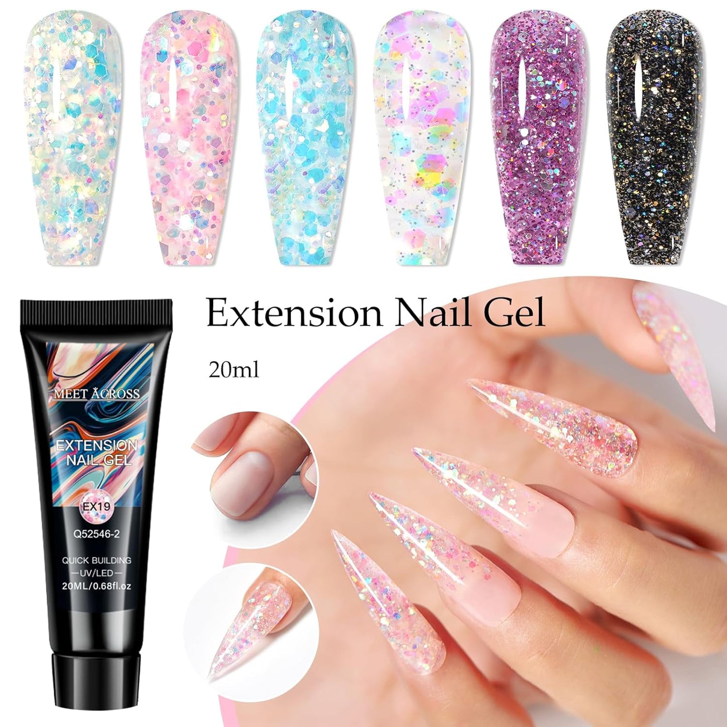 MEET ACROSS Poly Nail Gel Kit - 6 Colors Long-Lasting Glitter Poly Extension Gel, Shiny Sequins Builder Extension Nail Gel Set, Soak Off UV LED Nail Art at Home Salon