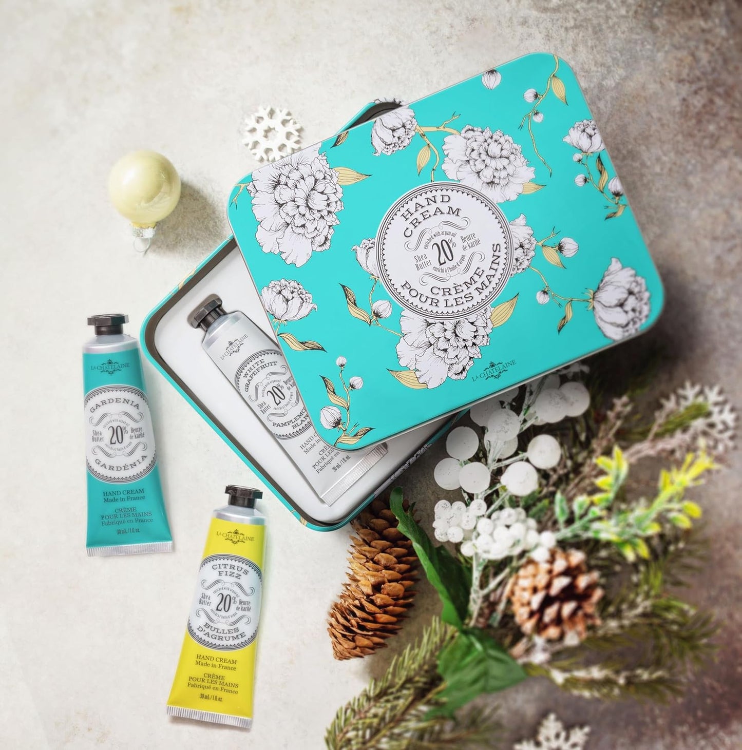 La Chatelaine Hand Cream Trio Tin Gift Set, Natural Hand Lotion, Made in France with 20% Organic Shea Butter, Moisturizing (Gardenia, White Grapefruit, Citrus Fizz) 3 x 1 fl.