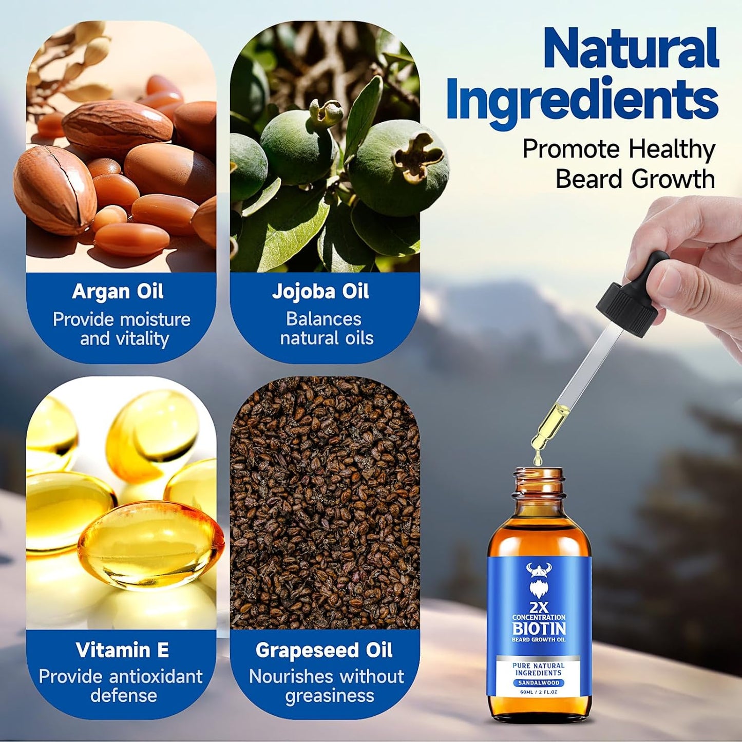 Beard Growth Oil - 2X Concentration Biotin Beard Oil for Men (2 oz) - Natural Mens Beard Oil with Argan Oil, Jojoba Oil and Vitamin, Beard Growth Softener, Moisturizer (Sandalwood)