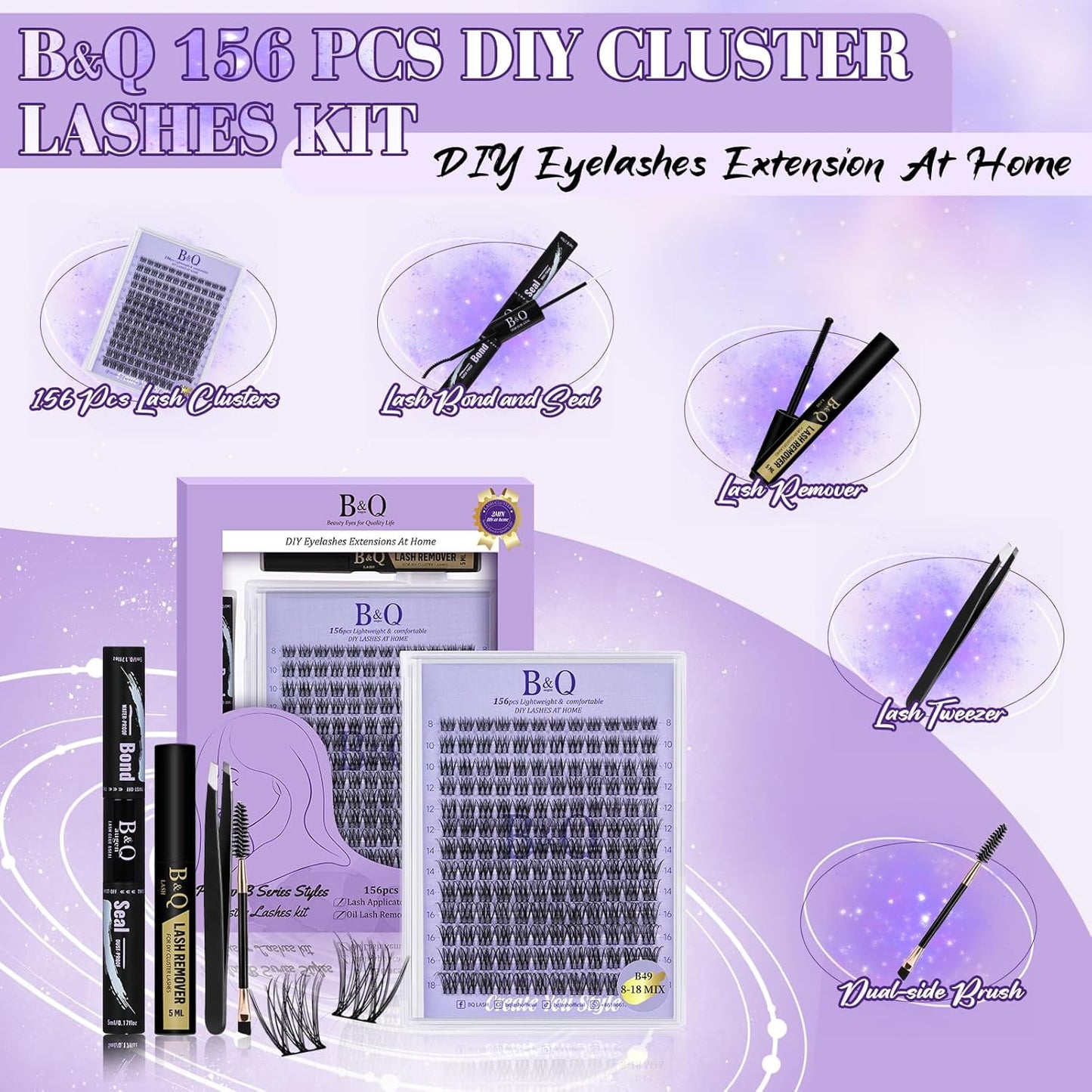 Lash Extension Kit B49 Eyelash Extension Kit B&Qaugen DIY Lash Extension Kit 156 PCS Lash Clusters 8-18mm Cluster Eyelash Extensions Kit with Lash Bond and Seal Lash Applicator Tool (Kit,B49)