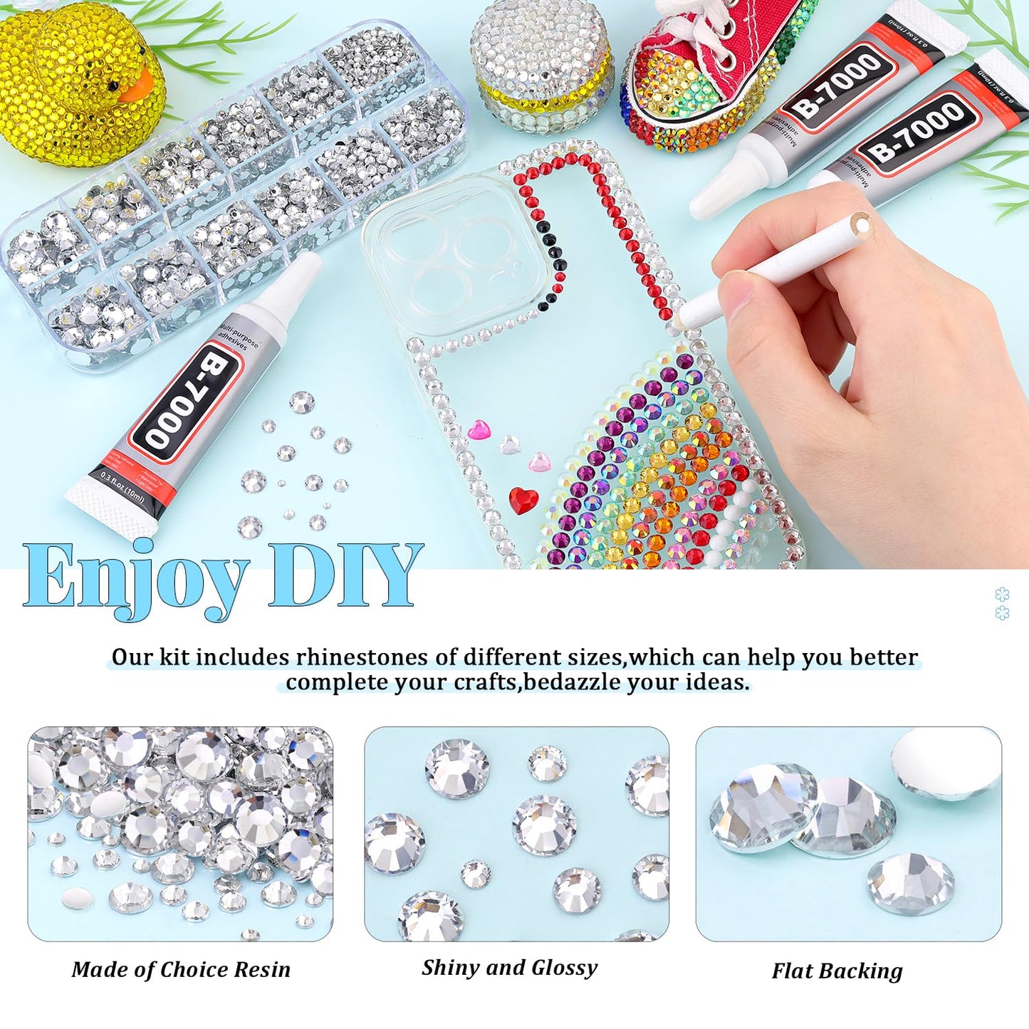6000Pcs Resin Rhinestones for Bedazzling with 3Pcs B7000 Jewelry Glue, 1 Box Clear Flatback Rhinestones for Crafting Crafts DIY, Crystals Gems for Clothing Shoes Tumblers Nail Art Makeup