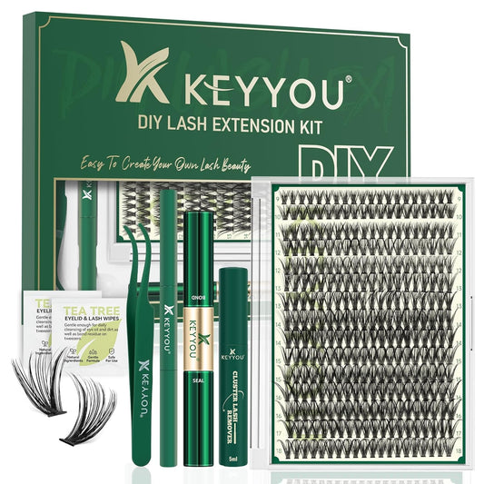KEYYOU Lash Extension Kit DIY 300Pcs Lash Clusters Eyelash Extension Kit 40D C Curl 9-18MIX Lash Clusters Kit with Lash Glue Remover Applicator Easy to Use for Beginners(Kit,40D-C,9-18MIX)
