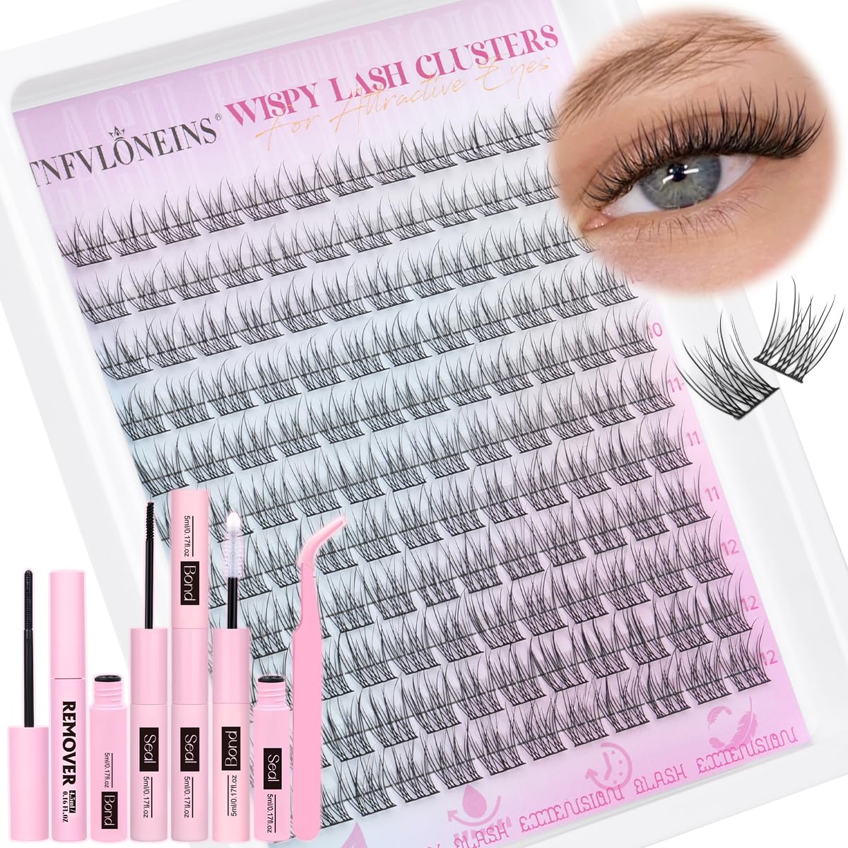 Wispy Lash Clusters Kit Natural Lash Extension Kit 9-12MM Cluster Eyelash Extensions Kit DIY Eyelash Extension Kit Individual Lashes Clusters Eyelash Extension with Lash Remover by TNFVLONEINS