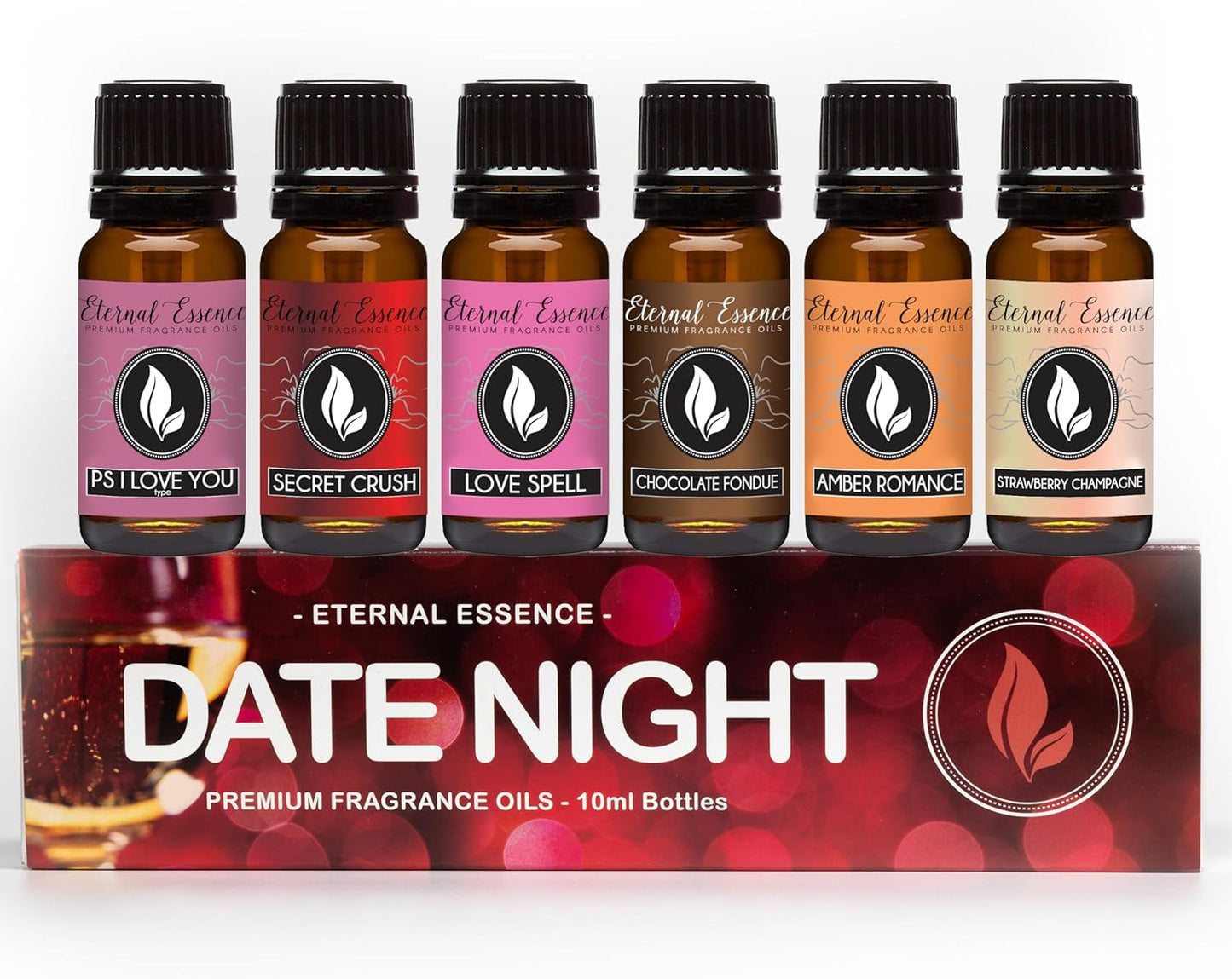 Eternal Essence Oils Date Night Set of 6 Premium Fragrance Oils - Includes PS I Love You, Amber Romance, Secret Crush, Chocolate Fondue, Strawberry Champagne, and Love Spell Scented Oils - 10ML