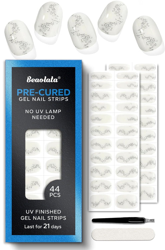 Pre Cured Gel Nail Strips - 44PCS Salon Quality Gel Nail Stickers - Long Lasting Polish Wraps for Women no UV Light Needed Easy Apply& Remove (Midnight White)