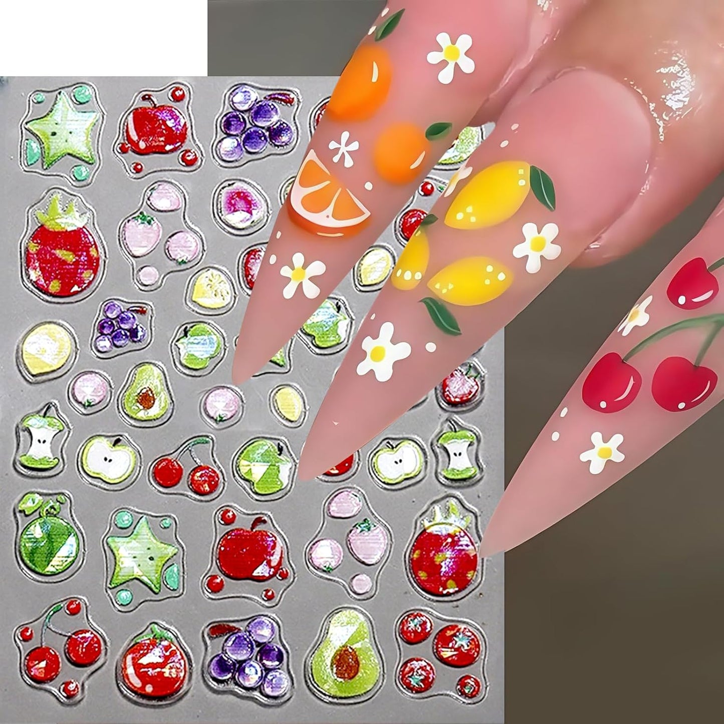 2Pcs Summer Fruit Lemon Nail Stickers for Nail Art Embossed 5D Self-Adhesive Pineapple Cherry Nail Decals Grapes Nail Art Stickers Apple Nails Sticker Strawberry Nail Design for Women DIY Nails Decor