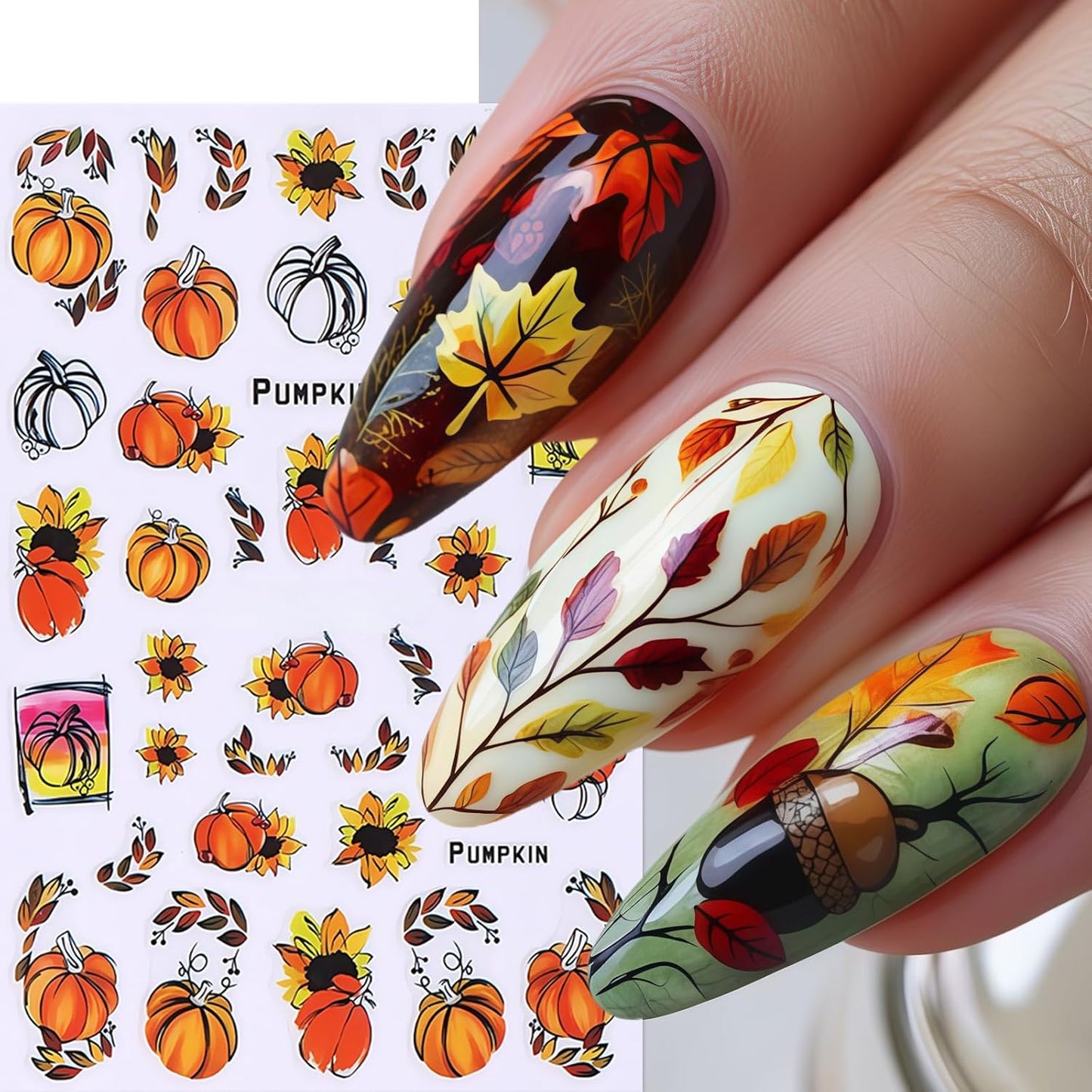 5Sheets Fall Nail Stickers Autumn Maple Leaf Nail Art Stickers 3D Self Adhesive Maple Leaves Nails Decals for Nails Art Thanksgiving Day Nail Decoration Pumpkin Nut Cute Manicure Supplies for Women