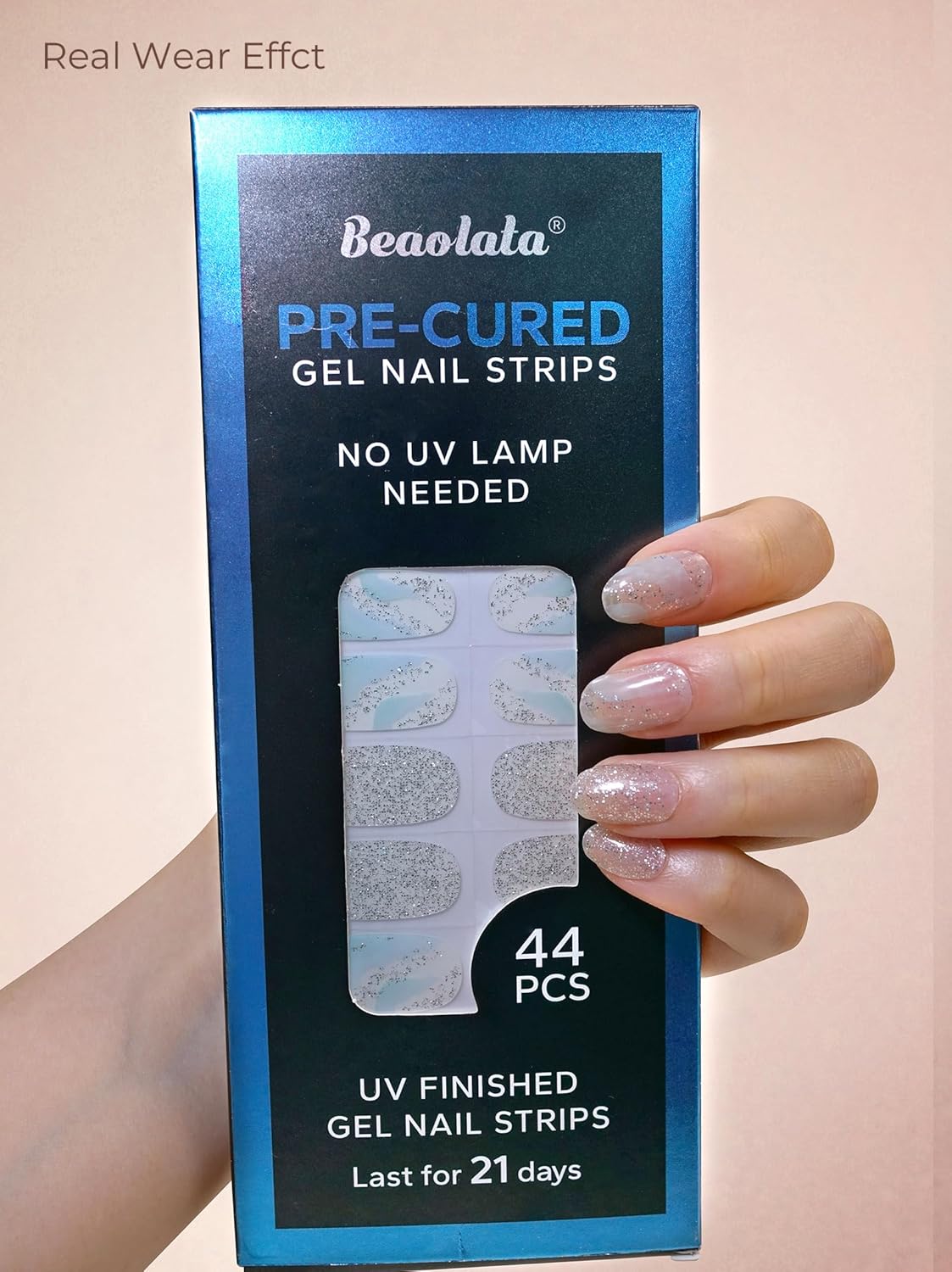 Pre Cured Gel Nail Strips - 44PCS Salon Quality Gel Nail Stickers - Long Lasting Polish Wraps for Women no UV Light Needed Easy Apply& Remove (Aurora Silver)