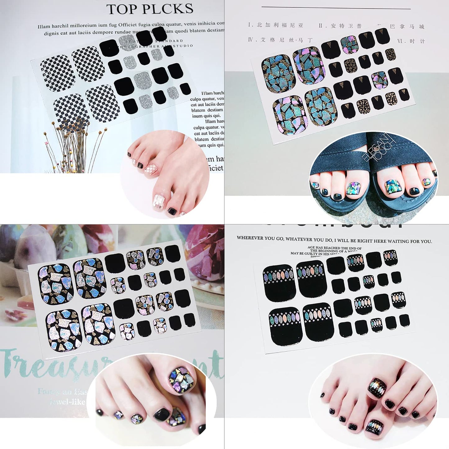 WOKOTO 20 Sheets 440 Pcs Toe Nail Polish Stickers for Toes Nail Full Wraps Glitter Nail Polish Strips Gel Nail Strips Wraps Mermaid Gel Strips for Women