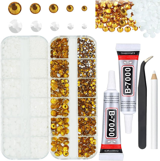 White And Gold Rhinestones with Glue(S8-S30) for Bedazzling,2mm-6mm Non-Hotfix Flatback Nail Gems Beads with B7000, Resin Nail GemsStones Diamond Kit for Bedazzle Crafting, Nails DIY Art Decoration