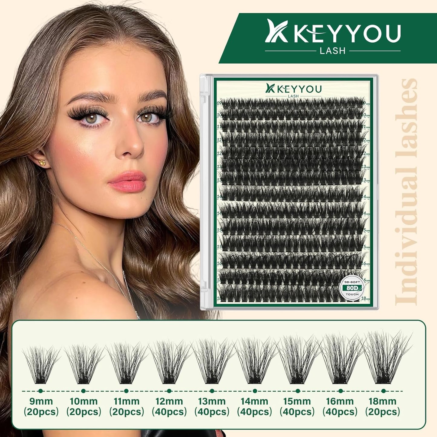 Clusters 3D Effect Eyelash Clusters 280pcs 80D D Curl 9-18MIX Individual Lashes Wispy Lashes Volume Cluster Lashes Natural Soft DIY Lash Extension(3D-80D-D-9-18MIX)