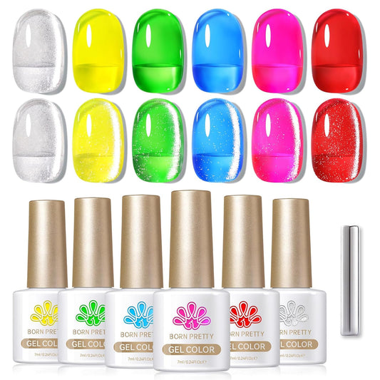 Born Pretty Neon Jelly Gel Nail Polish Glass Crystal Spring Summer Transparent Ice Jelly Gel Polish with Silver Holographic Glitter Cat Magnetic Eye Gel Polish Collection Minicure DIY Gifts 6PCS