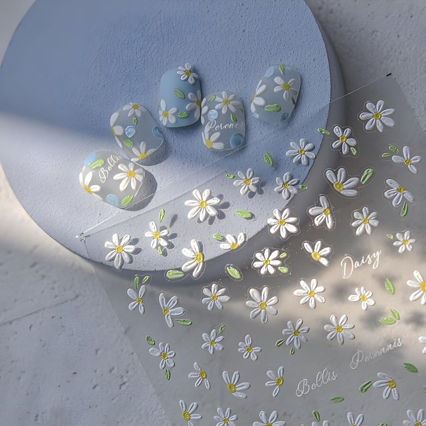 Flower Nail Art Stickers 5D Embossed Self Adhesive Spring Summer Nail Stickers for Nail Art Cute White Daisy Nail Decals Flower Nail Design Decoration Accessories for Women and Girls