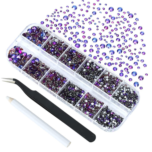 4240Pcs Purple Velvet Flatback Rhinestones 6 Sizes Crystal Diamonds for Nail Art Crafts Clothes Shoes with Tweezers and Picking Pen