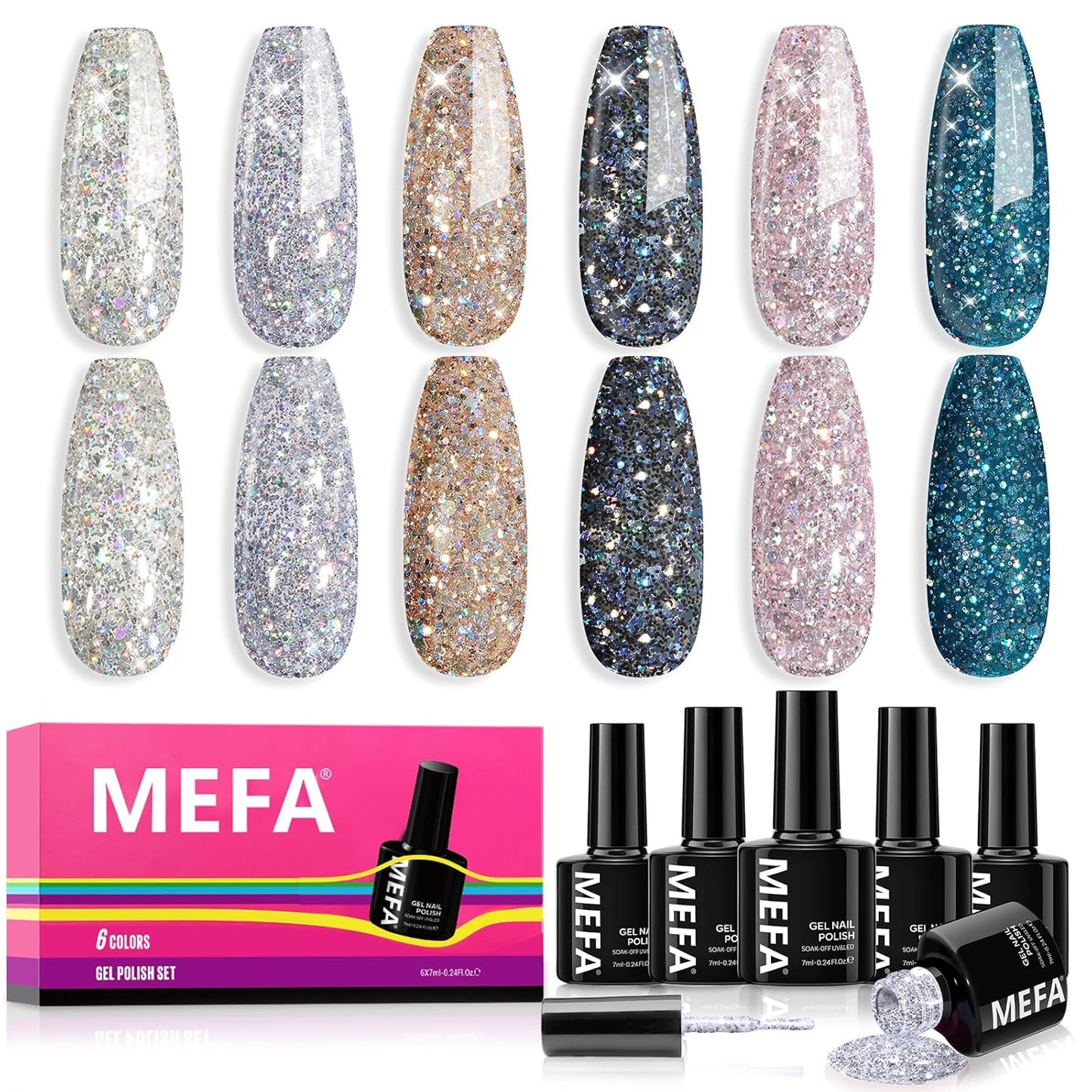 MEFA Glitter Gel Nail Polish Set 6 Colors, Chrome Platinum Sparkly Shiny Black Silver Champagne Turquoises Gel Polish Kit Soak Off Nail Art Design Salon at Home DIY Manicure Kit Gifts for Women