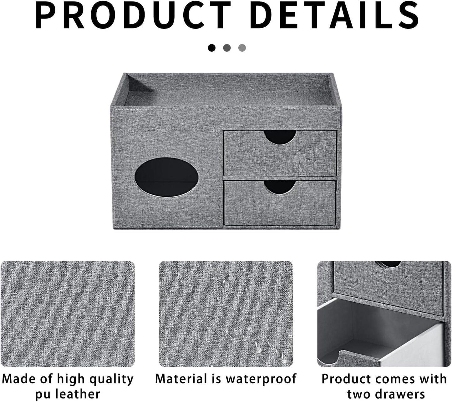 Square Tissue Box Cover with Drawers,Tissue Box Holder with Storage Tray, Makeup Organizer and Desk Organizer,Tissue Holders Decorative for Bathroom Vanity NightStand Dressing Table (Grey)