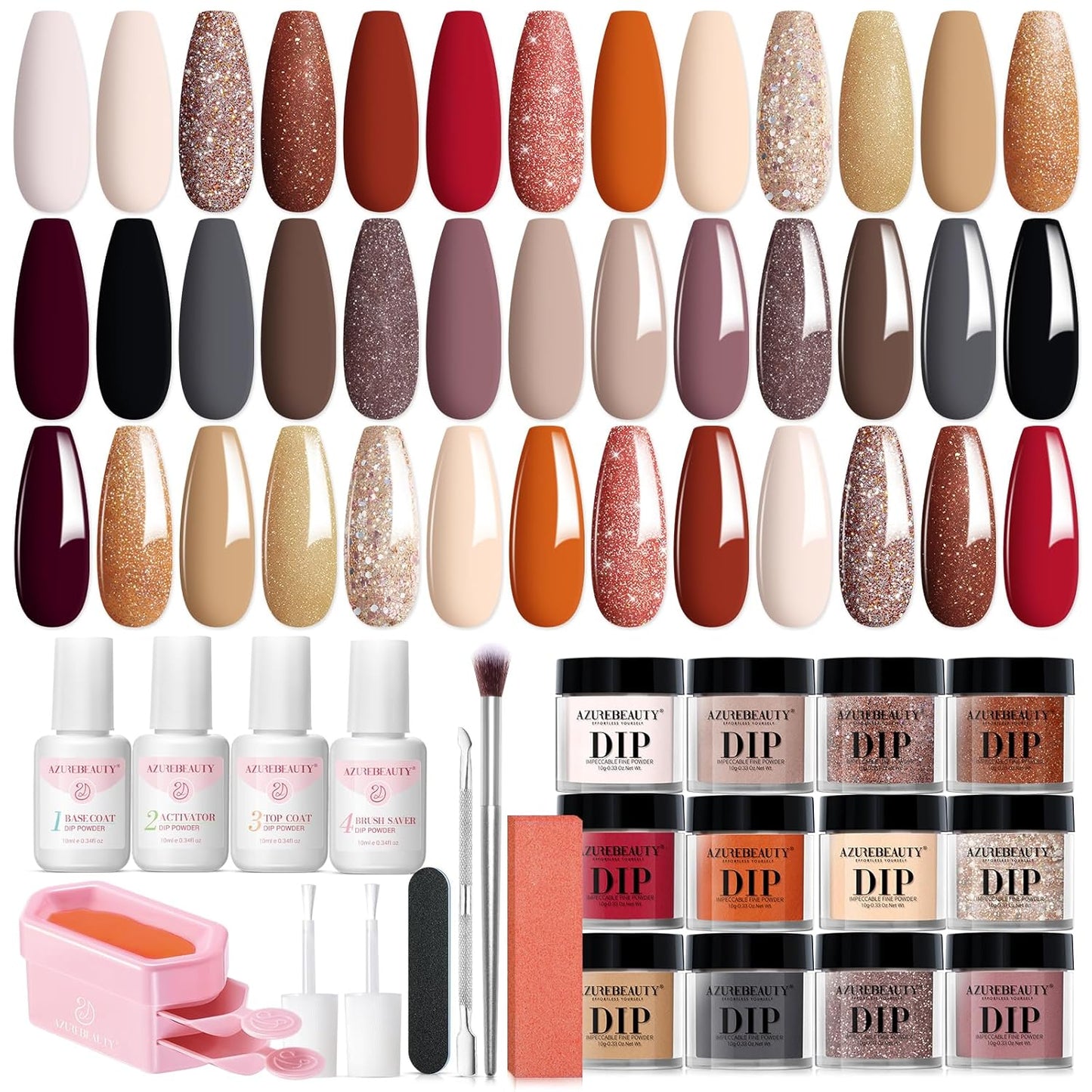 AZUREBEAUTY Fall Dip Powder Nail Kit 20 Colors Glitter Nude Black Grey Winter 31 Pcs Dip Powder Liquid Set with Top/Base Coat Activator for French Nails Art Manicure DIY Salon Women Gift