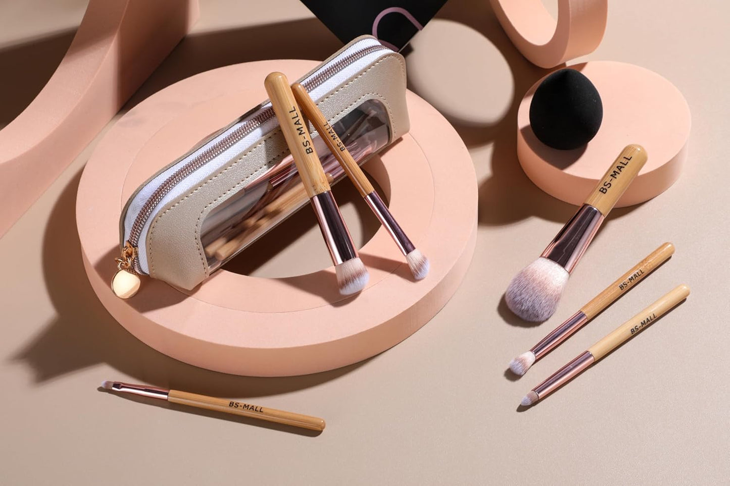 BS-MALL 14 Pcs Makeup Brushes Set with 1 Pcs Makeup Sponge – Essential Foundation Powder Concealers, Eye Shadows, Blush Makeup Brushes with Travel Makeup Case (Bamboo)