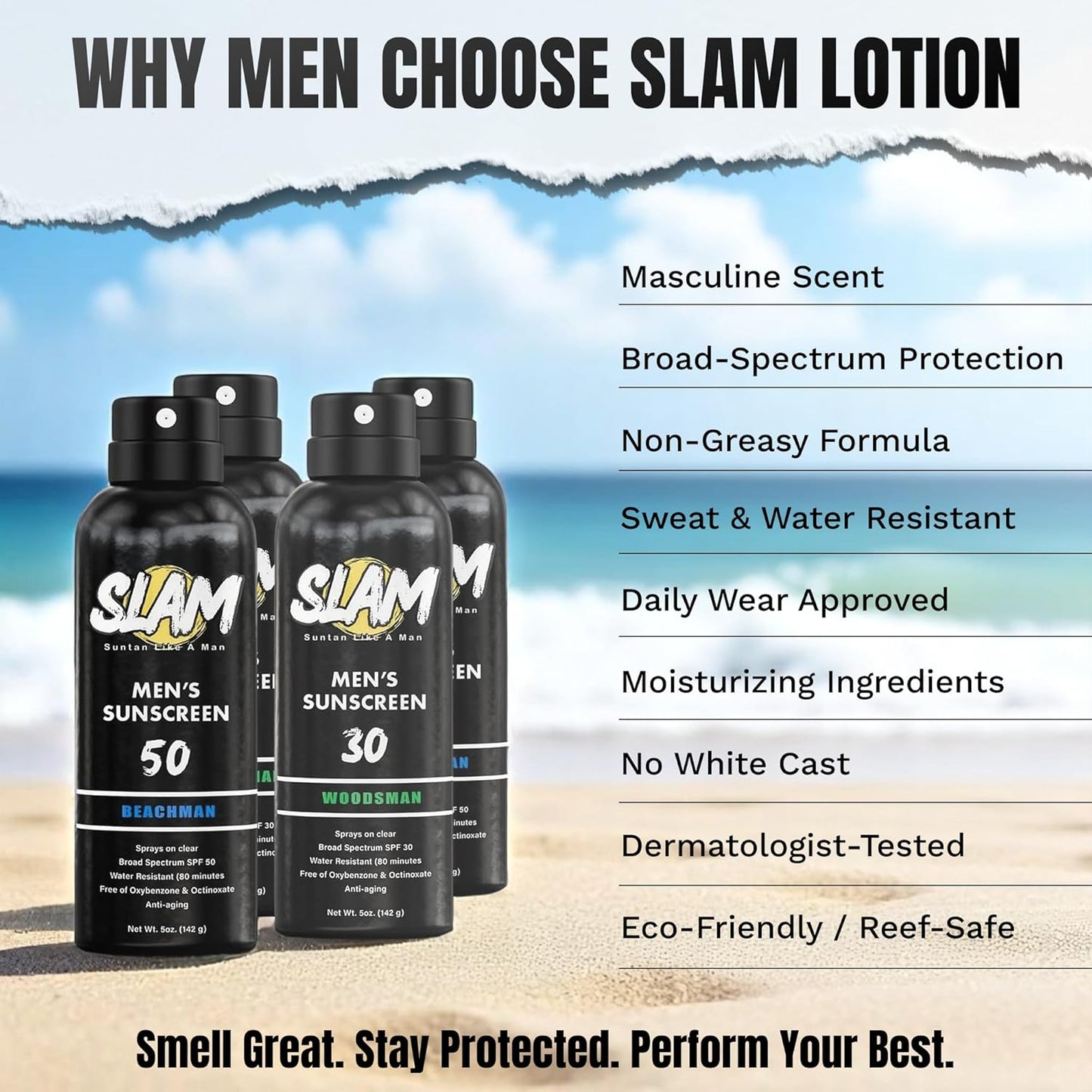 SLAM WoodsMan Men's Scented Sunscreen Spray SPF 50 – Broad Spectrum Sun Screen for Face & Body, Waterproof & Sweat Resistant Spray Sunscreen SPF 50, UVA/UVB Protection, Mens Sunblock