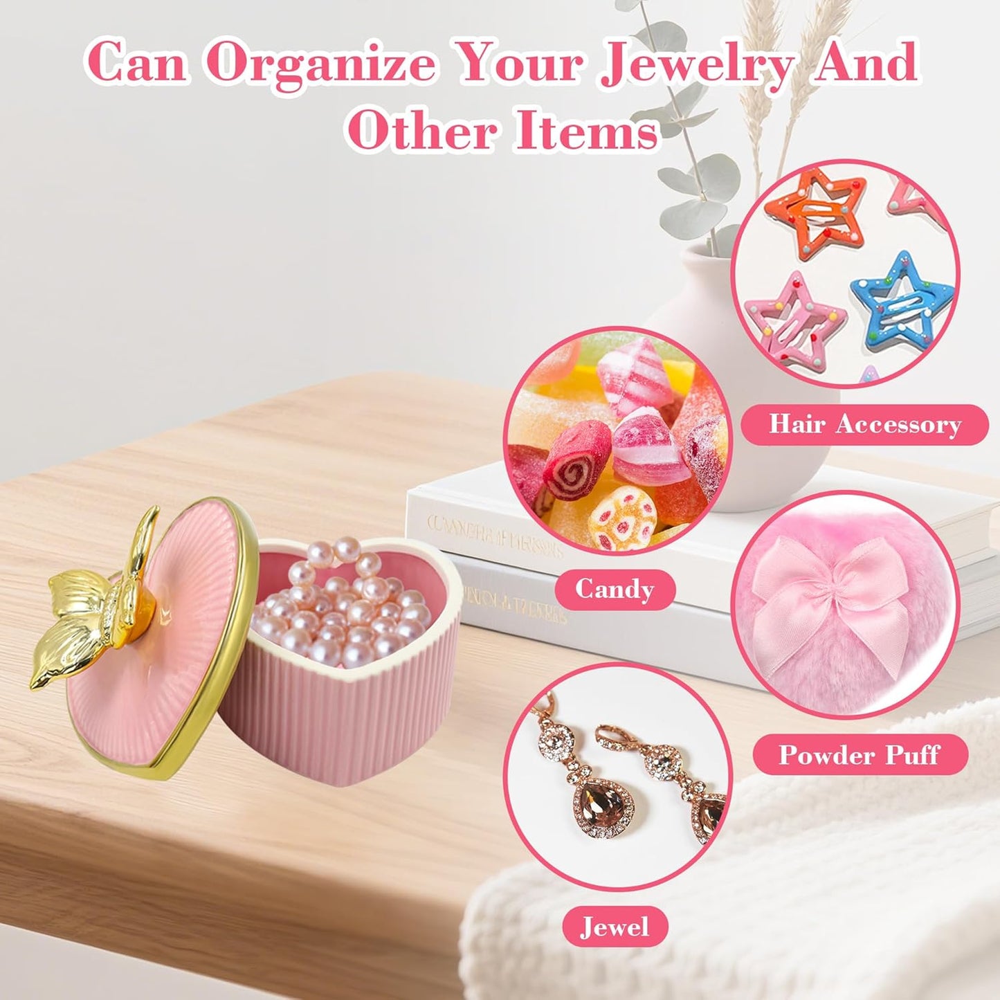 Large Body Powder Puff and Container, Ceramics Dusting Powder Container with 2 PCS Washable Heart Shaped Body Puff, Butterfly Dusting Case for Wet and Dry Makeup (Pink)