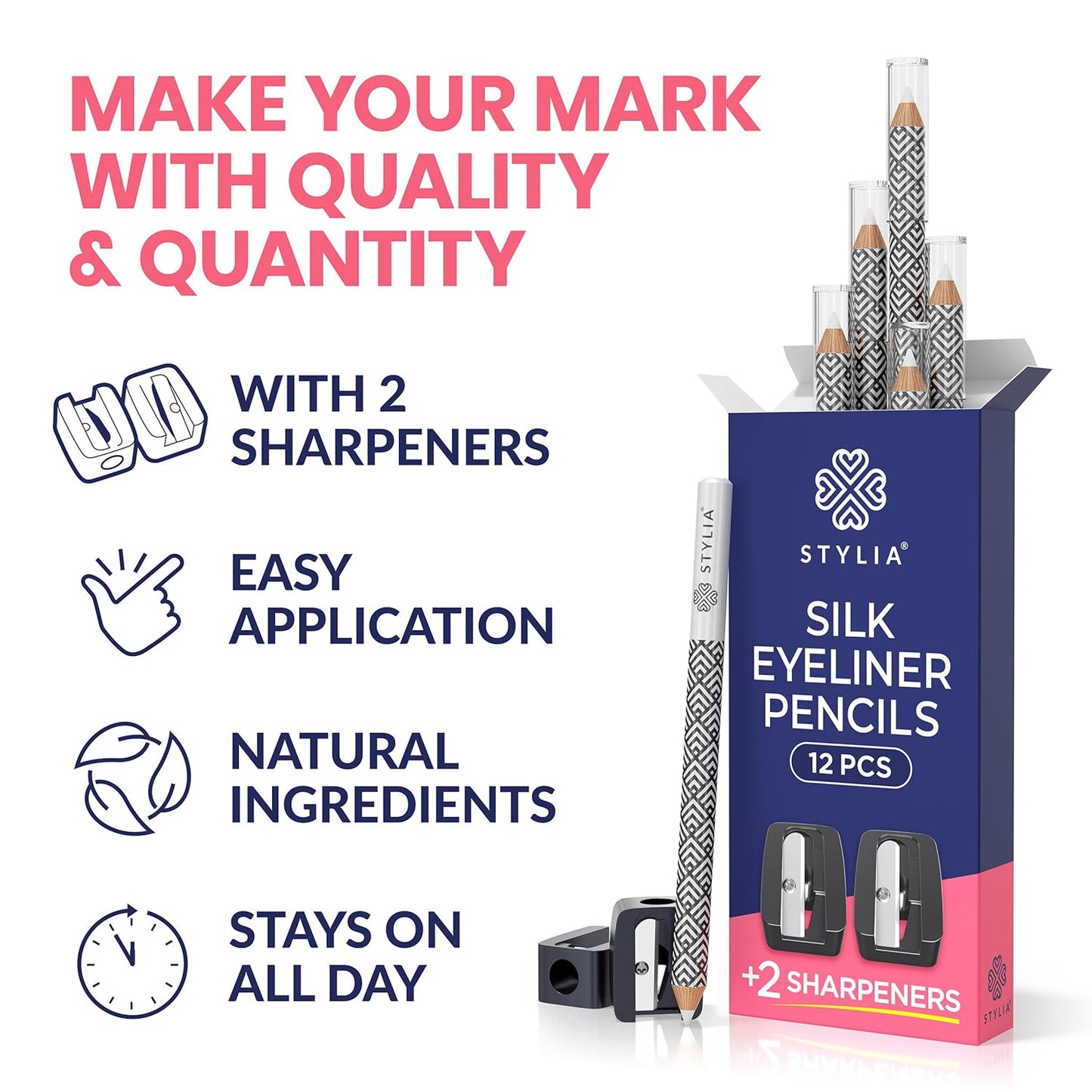 Stylia Waterproof White Eyeliner Pencil For Women – Long-Lasting Microblading Supplies Brow Pencil, Perfect for Defining, Highlighting & Brightening Eyes (12PC White)