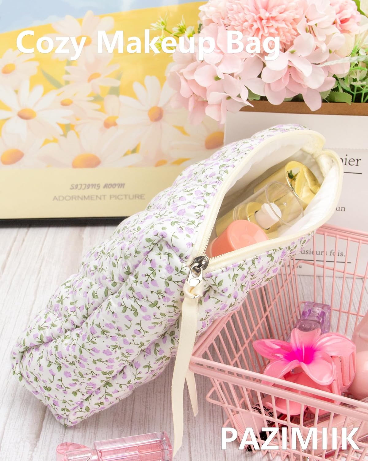 PAZIMIIK Quilted Makeup Bag Large Travel Zipper Soft Cosmetic Pouch for Women Girls Make Up,Floral Purple