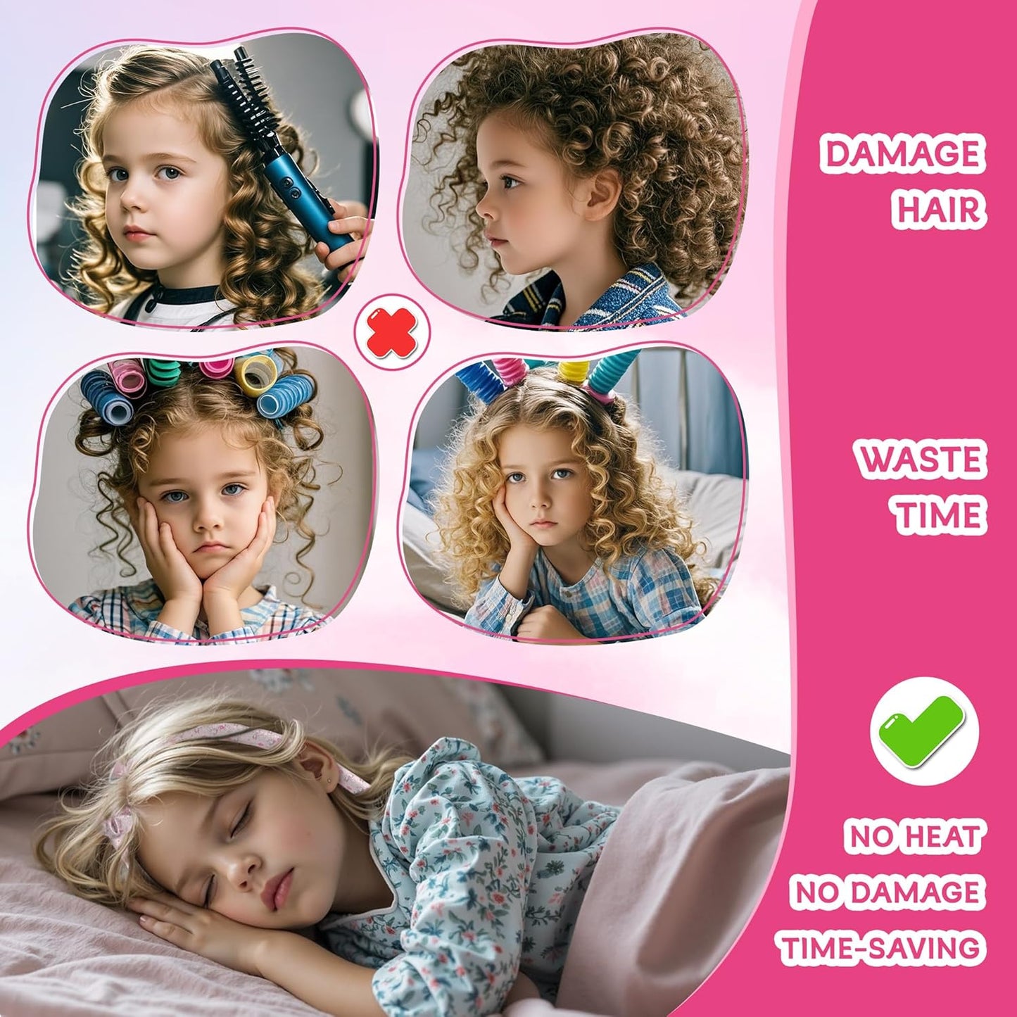 Girls Heatless Curls Overnight, Kids Unicorn Hair Rollers with Hair Clips, Hair Accessories for Little Girls & Teenage & Sister, Birthday Gifts Trendy Stuff - Pink