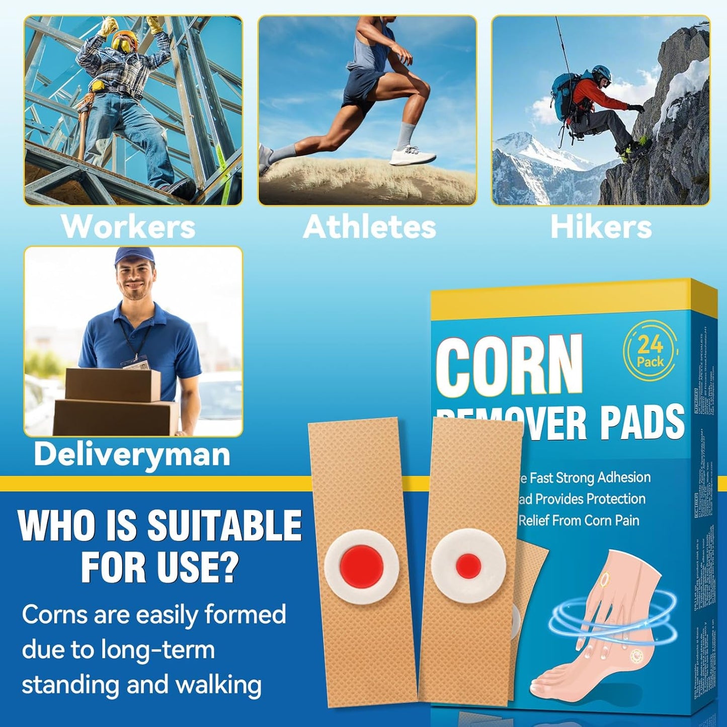 Corn Removers for Toes, Feet, 24 Packs Corn Pads for Toes with 12 Large Size and 12 Small Size, Gentle and Safe Corn Callus Remover Cushions Stick to Keep Your Skin Healthy, Relieve Corn Pain