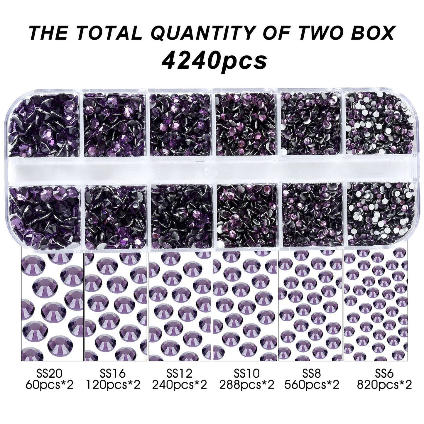 4240Pcs Flatback Purple Rhinestones Glass Crystal Gemstones for Nail Art Face Makeup Bling Round with Tweezers and Picking Pen (SS6~SS20 Set)