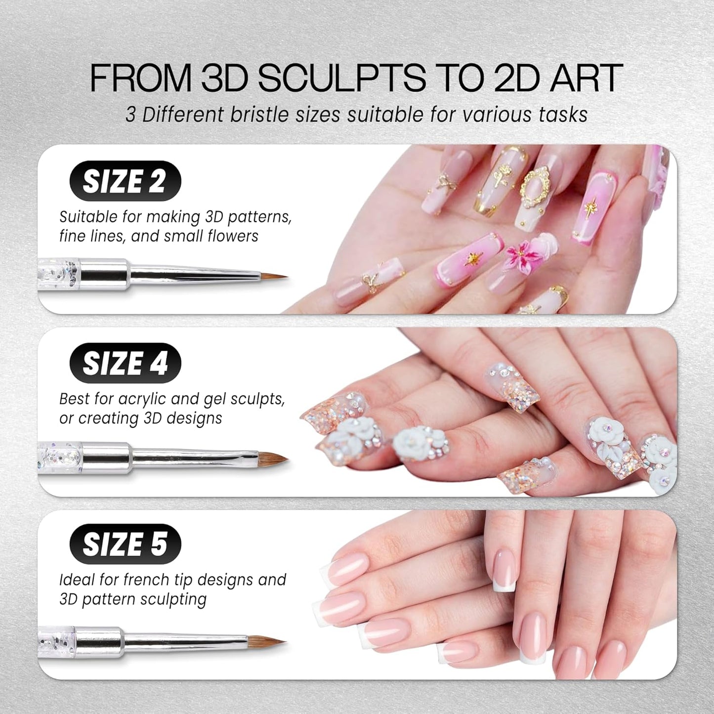 PANA 3D Kolinsky Nail Art Brush - Silver Glitter Handle, Size 5 - Acrylic Nail Art Sculpture Brush for Manicures Pedicure Salon Professional or Beginner