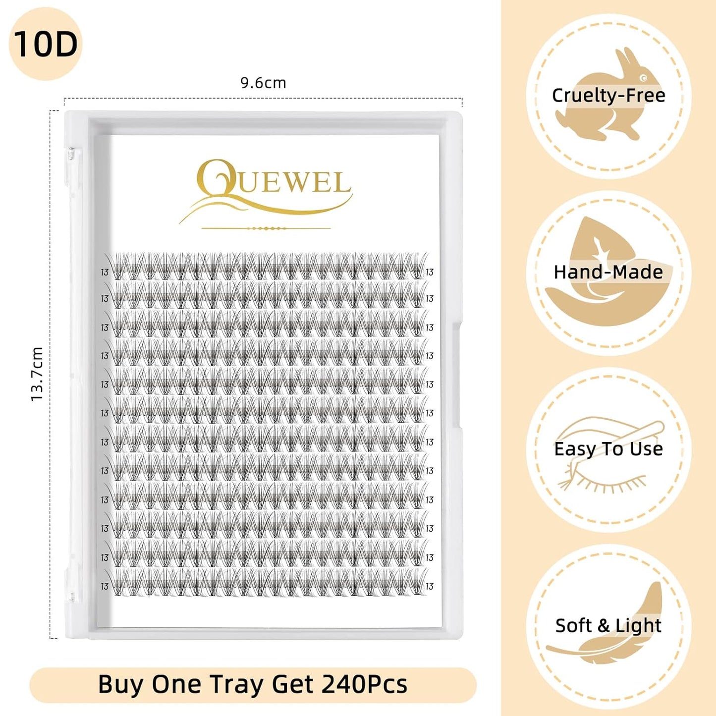QUEWEL Lash Clusters 240Pcs Individual Lashes 10D 0.10C Curl 13mm Knot-Free Lash Extensions Clusters Lashes Soft&Natural False Eyelashes Individual DIY Eyelash Extension at Home(10D 0.10C 13)