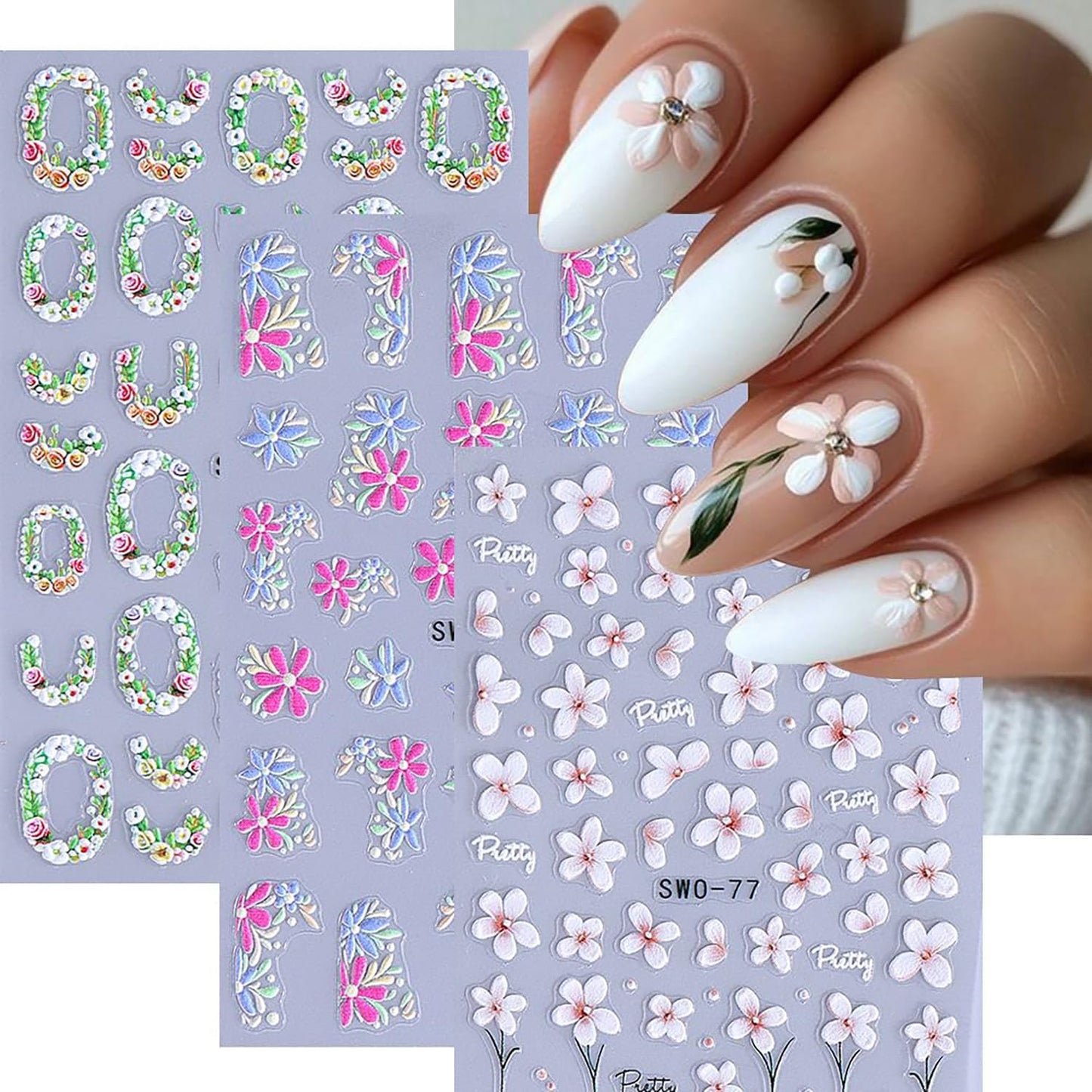 6 Sheets Flower Nail Art Stickers Rose Daisy Nails Art Decals 3D Self-Adhesive Nails Sticker Holographic Stereo Blossom Decal Decoration for Women Wreath Manicure Stickers DIY Nail Supplies