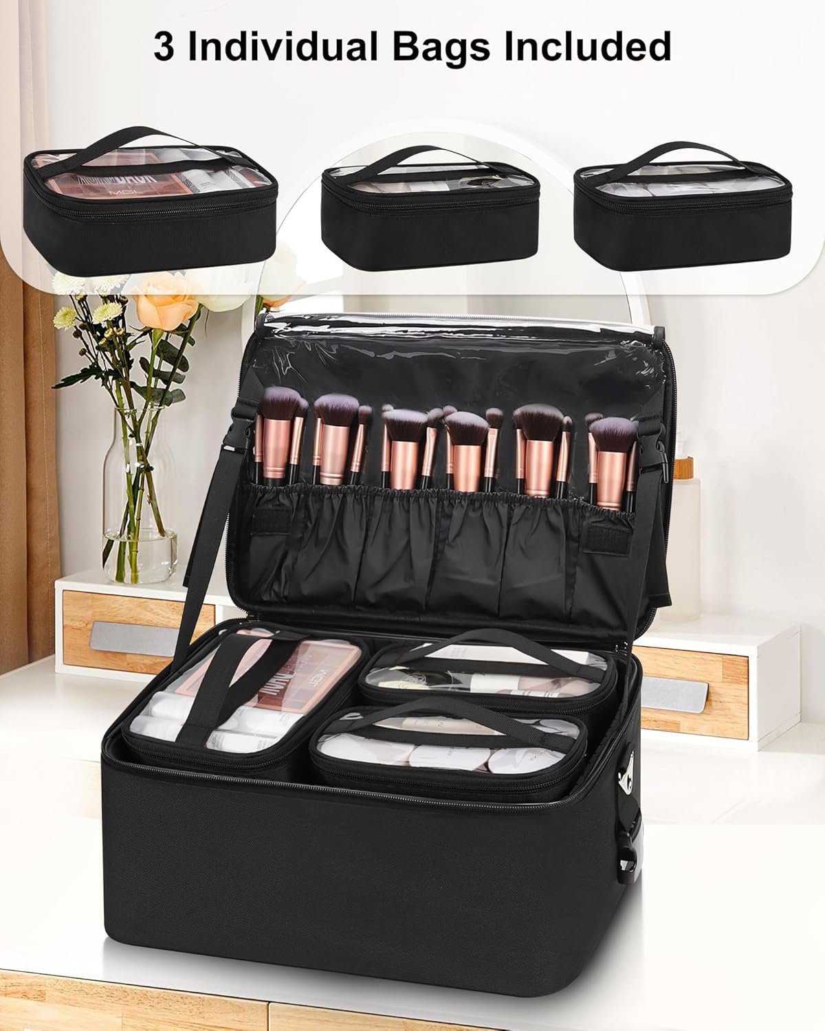 Relavel Makeup Bag Large Makeup Case Professional Cosmetic Storage Organizer Box Brush Holder with 3 Clear Set Bags for Makeup Artists with Shoulder Strap & Adjustable Dividers