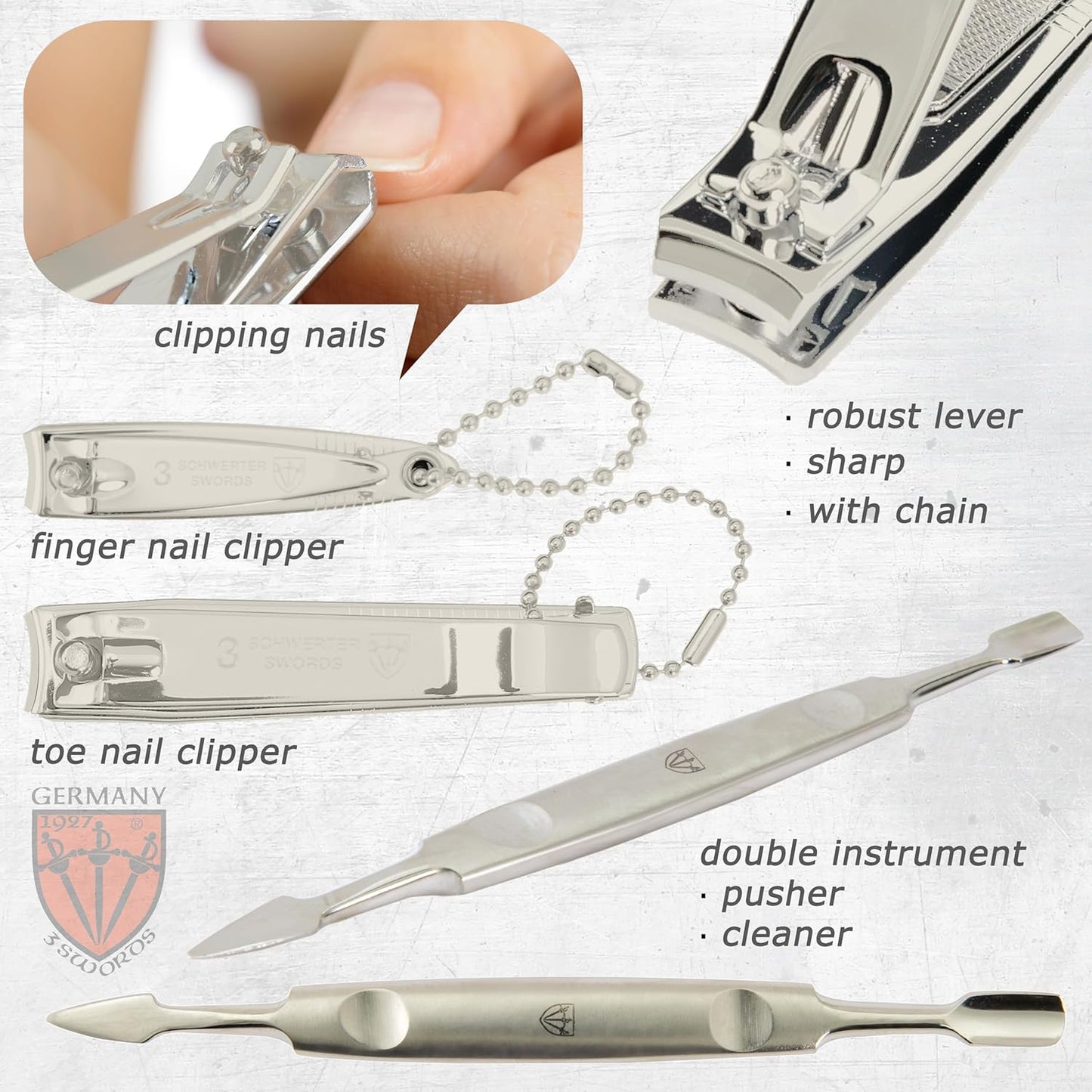 3 Swords Germany - brand quality 12 piece manicure pedicure grooming kit set for professional finger & toe nail care with cognac synthetic leather case - Made in Germany