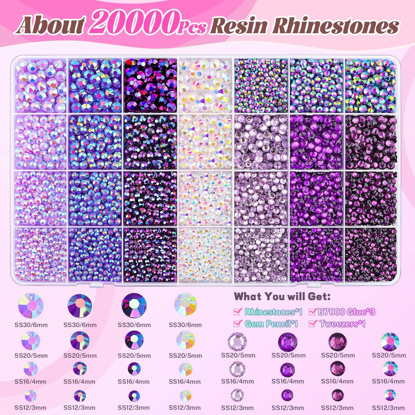 20000Pcs Purple Rhinestones for Bedazzling with 3Pcs B7000 Jewelry Glue, Resin Rhinestones for Crafting Crafts，Bedazzler Kit Flatback Gems for Clothing Shoes Tumblers Nail Art