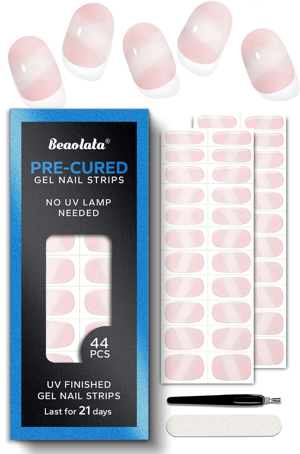 Pre Cured Gel Nail Strips - 44PCS Salon Quality Gel Nail Stickers - Long Lasting Polish Wraps for Women no UV Light Needed Easy Apply& Remove (Chic Pink）