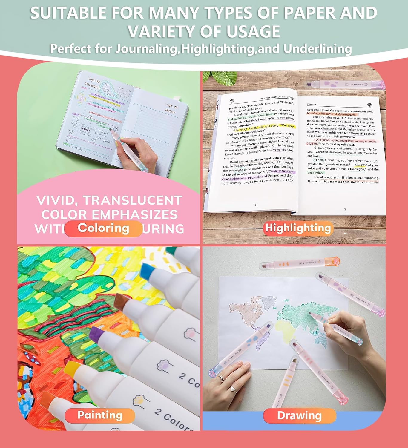 Double-headed Highlighter Markers, 6Pcs of 12 Flat Heads, Cute Light Color Eye Protection Highlighters, Bright and Vintage Markers for School Office Supplies