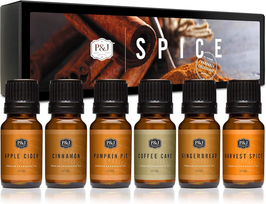 P&J Fragrance Oil Spice Set | Cinnamon, Harvest Spice, Apple Cider, Coffee Cake, Gingerbread, and Pumpkin Pie Candle Scents for Candle Making, Freshie, Soap Making Supplies, Diffuser Oil Scents