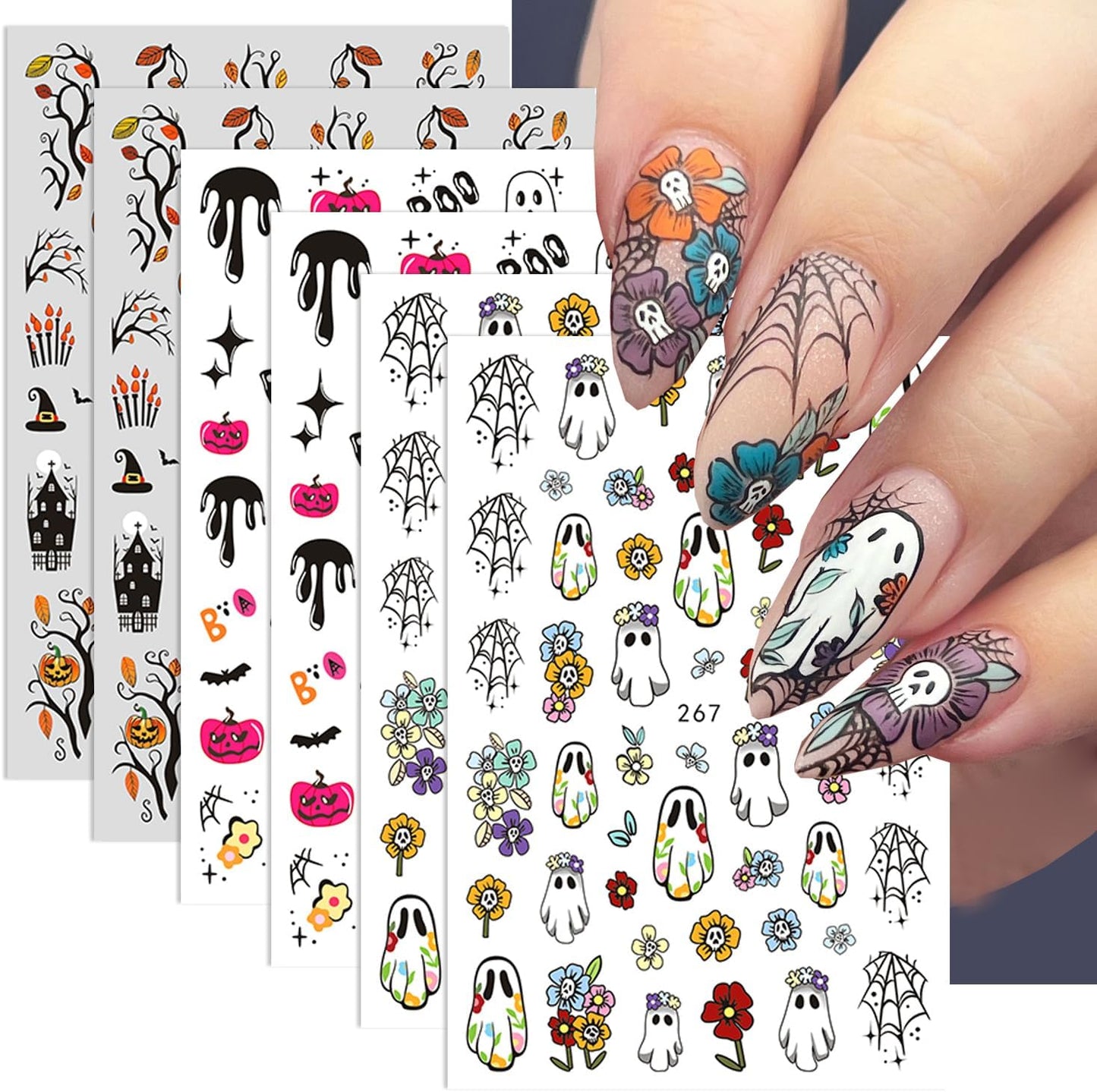 6 Sheets Flower Halloween Nail Art Stickers Colorful Ghost Nail Stickers Pumpkin Nail Decals Spider Web Tree Star Orange Design Cute Nail Sticker for Nail Art for Women Decoration Holiday Manicure