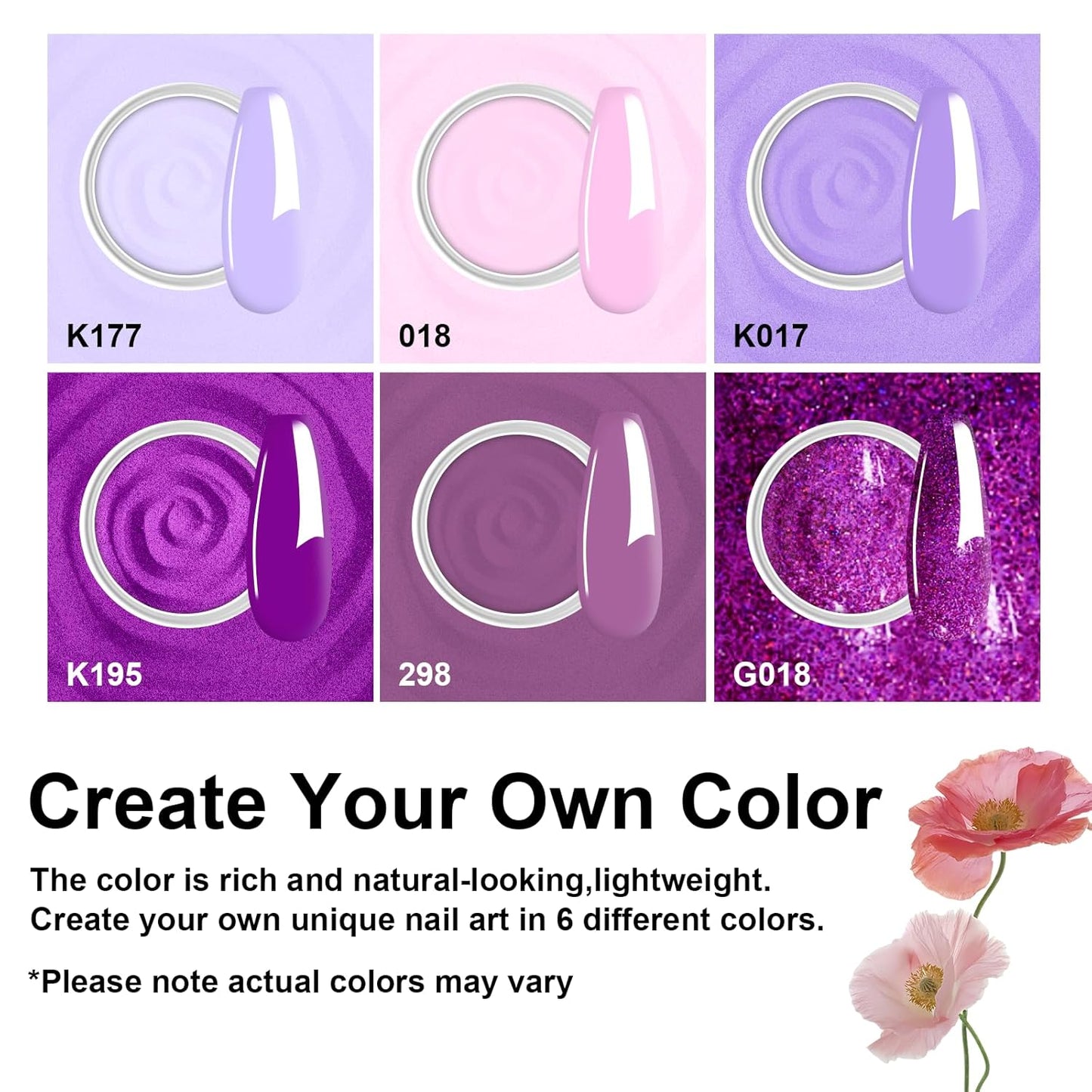 Dip Powder Nail Set, 6 Colors Purple Series 12 Pcs Dipping Powder Kit With Base & Top Coat/Activator/Brush Saver,Nail Art Dip Manicure Kits Odor-Free&Long-Lasting, No Needed Nail Lamp Curing