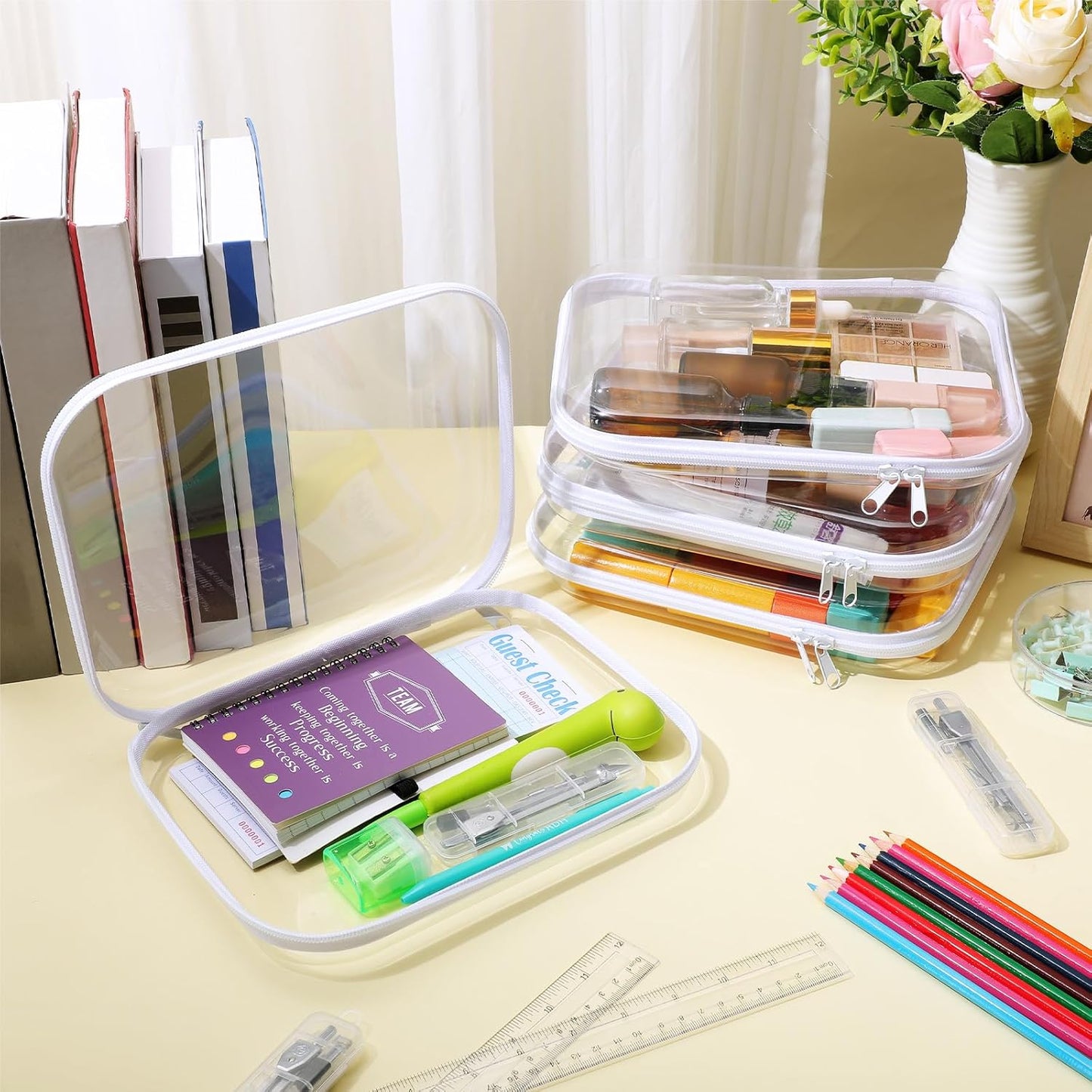 Hoolerry 4 Pcs Hard Clear Zipper Case Makeup Bags Plastic Pencil Pouch Transparent Storage Box Containers for Cosmetics, Snacks, Building Blocks, Puzzles(White,9.8 x 7.9 x 2 in)