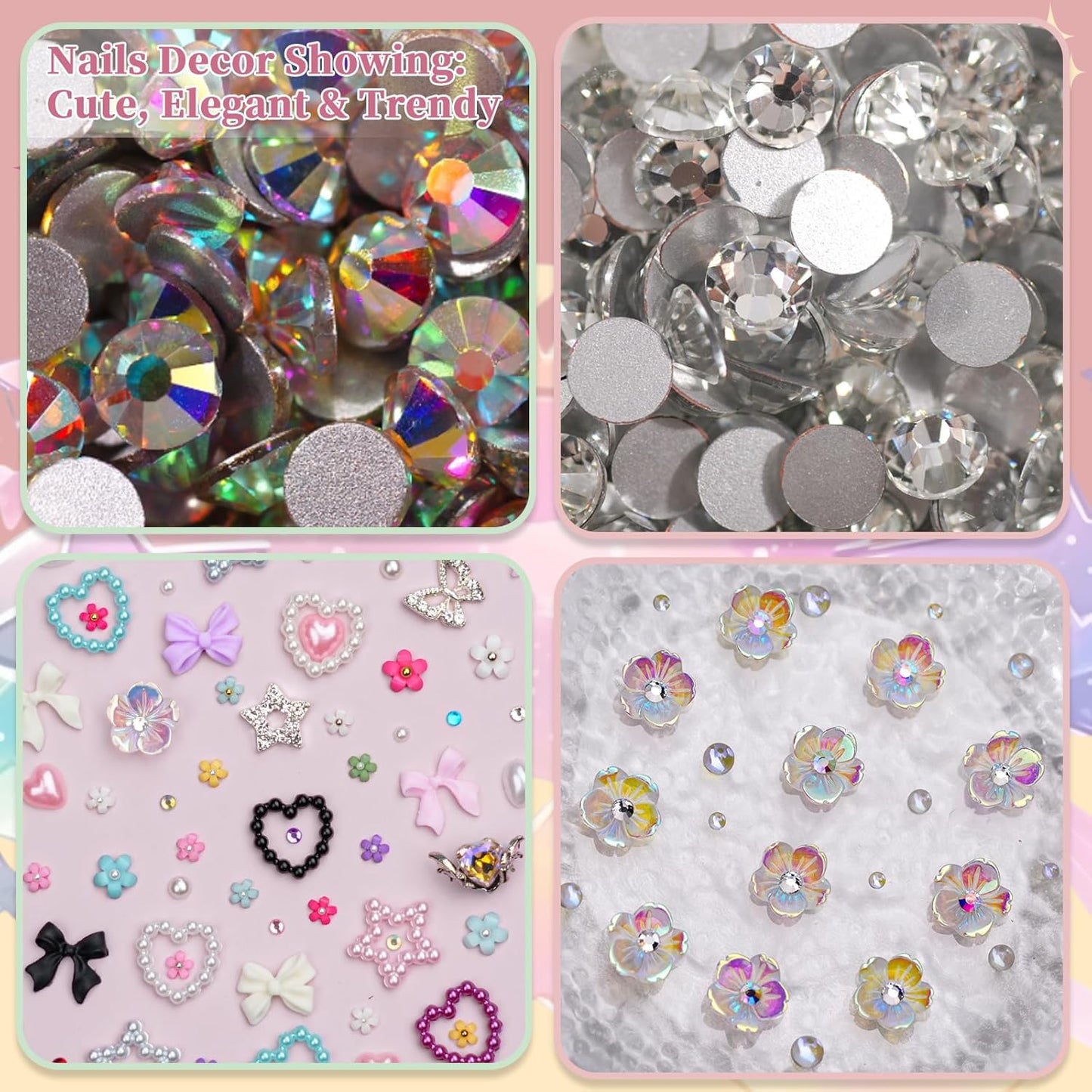Nail Rhinestones , AB Crystal Nail Gems Flat Back Nail Rhinestones with Nail Pearls Star Heart Bows FLower Nail Charms and Rhinestone Picker Tools for Kwaii Y2K Nail Art Decor - 3 Boxes