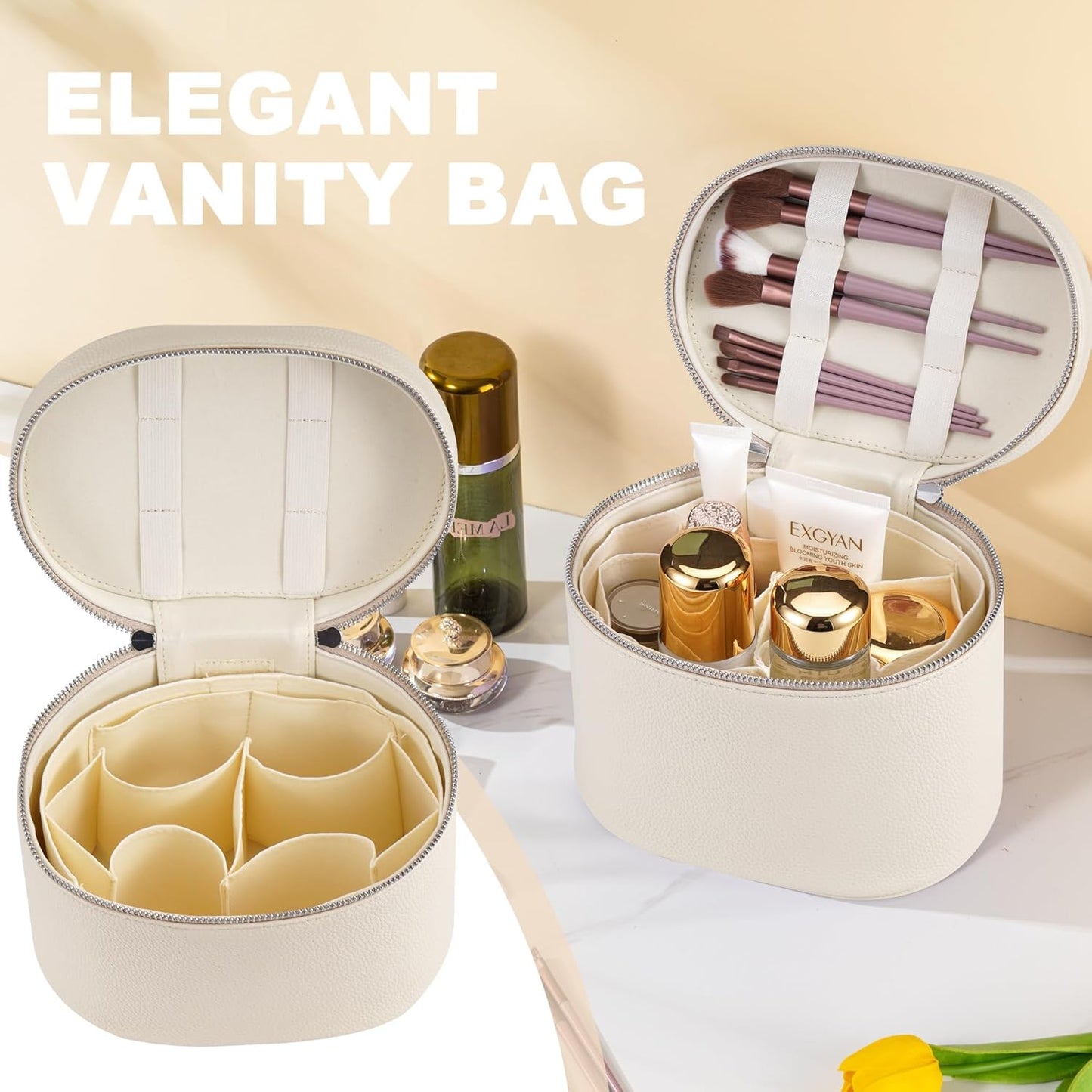 Makeup Bag Vanity Case Cosmetic Bag with Removable Divider Travel Toiletry Bag for Women Portable Make up Box Organizer, Beige