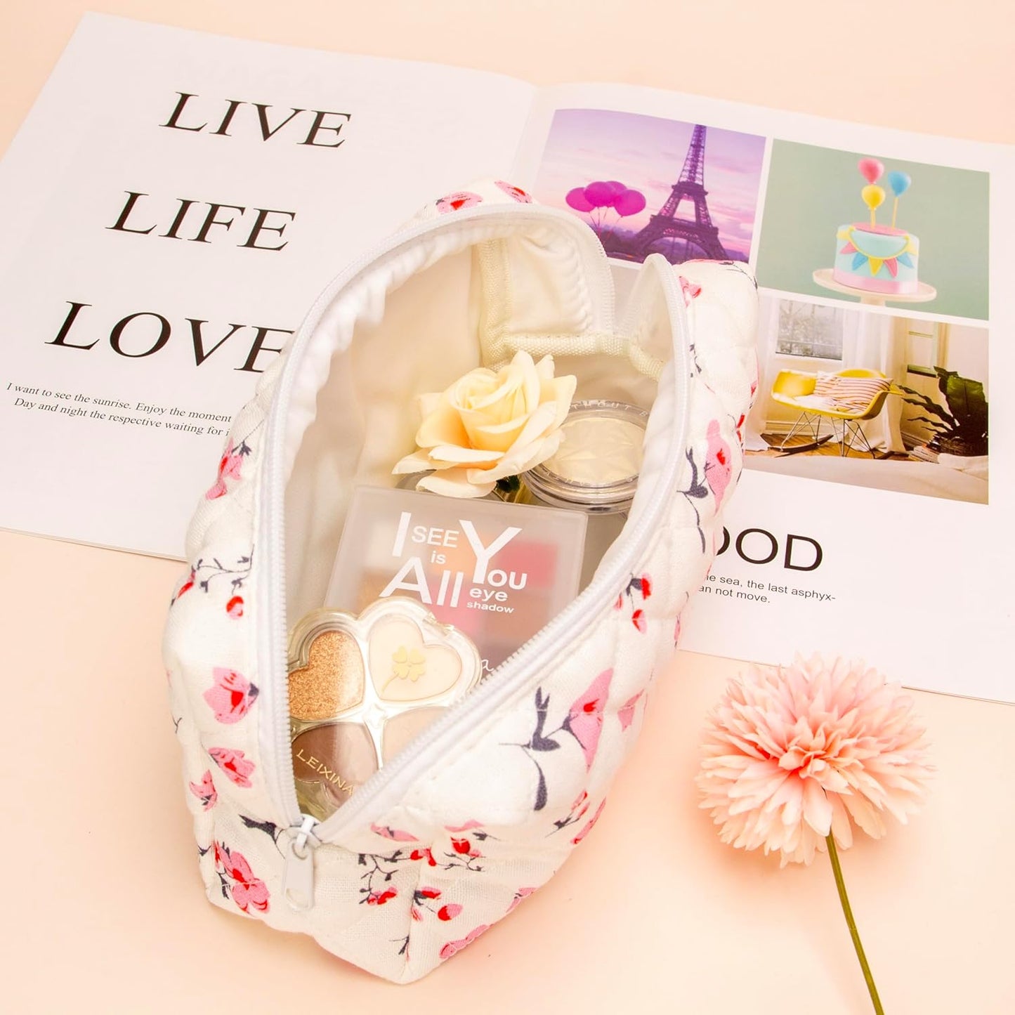 PAZIMIIK Vintage Quilted Makeup Bag Cosmetic Pouch for Brushes Pencils and Travel Make Up Accessories for Women and Girls Myrtle Pink